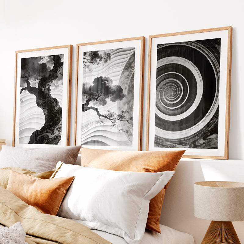 Spiral Tree in dark japandi style Wall Art- Natural Wood Framed Poster with White Border - Artworksets