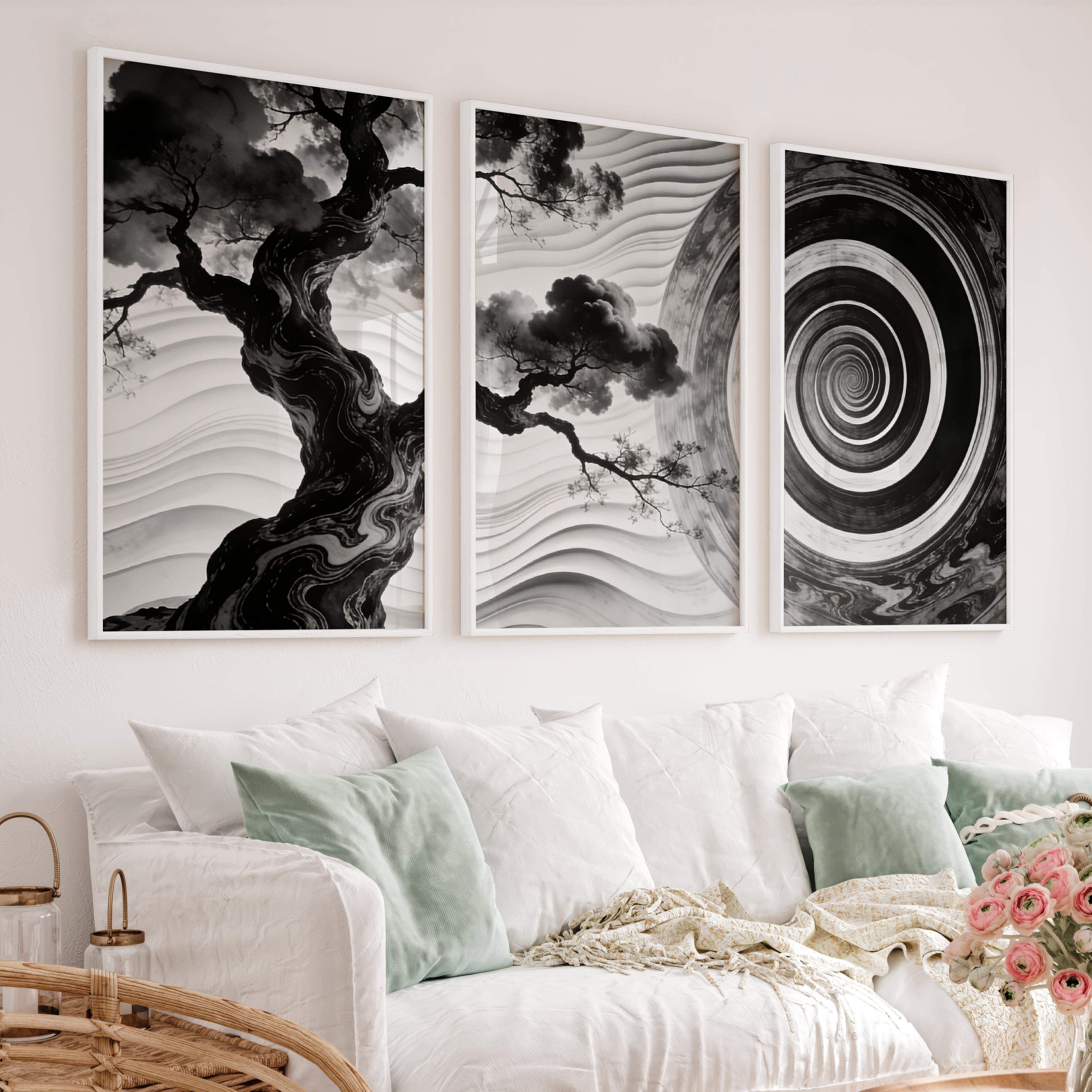 Spiral Tree in dark japandi style Wall Art - White Framed Poster No Border - Artworksets