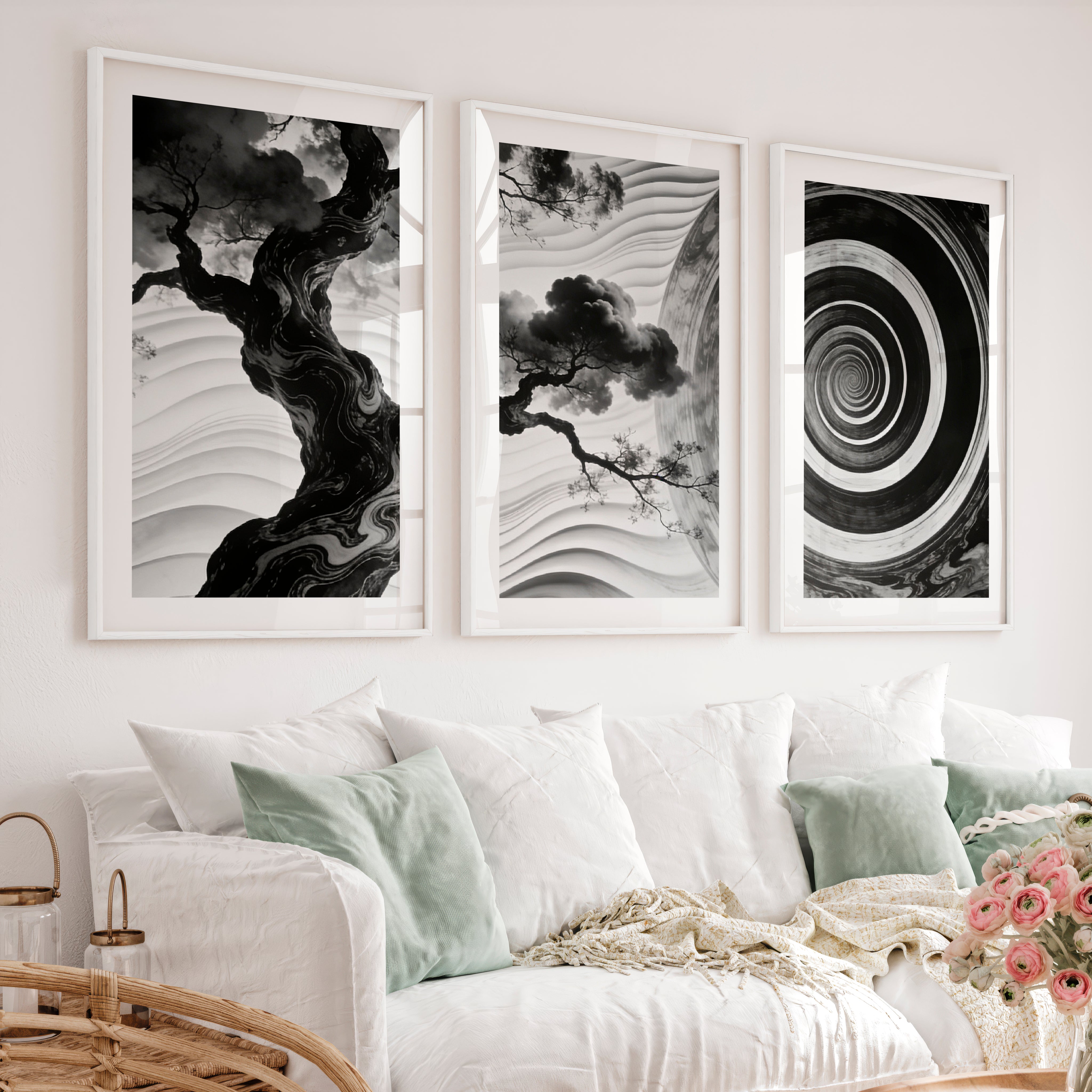 Spiral Tree in dark japandi style Wall Art - White Framed Poster with White Border - Artworksets