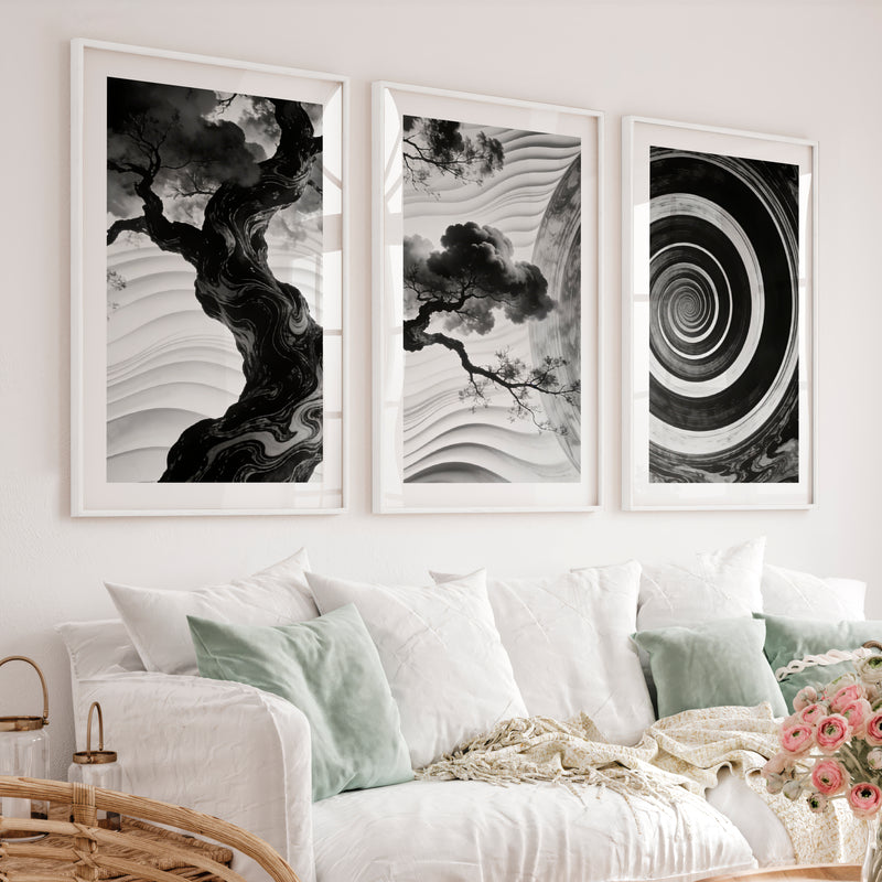 Spiral Tree in dark japandi style Wall Art - White Framed Poster with White Border - Artworksets