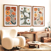 Floral Abstract Wall Art – Colorful Modern Botanical Print - Dark Brown Framed Poster with White Border - Artworksets