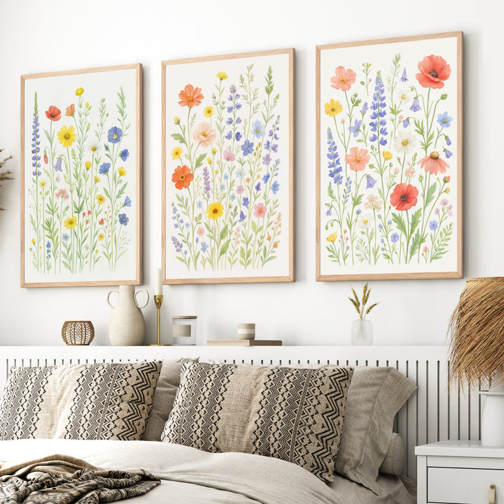 Floral Art Wall – 3 Piece Poster Set  

 - Natural Wood Framed Poster No Border - Artworksets