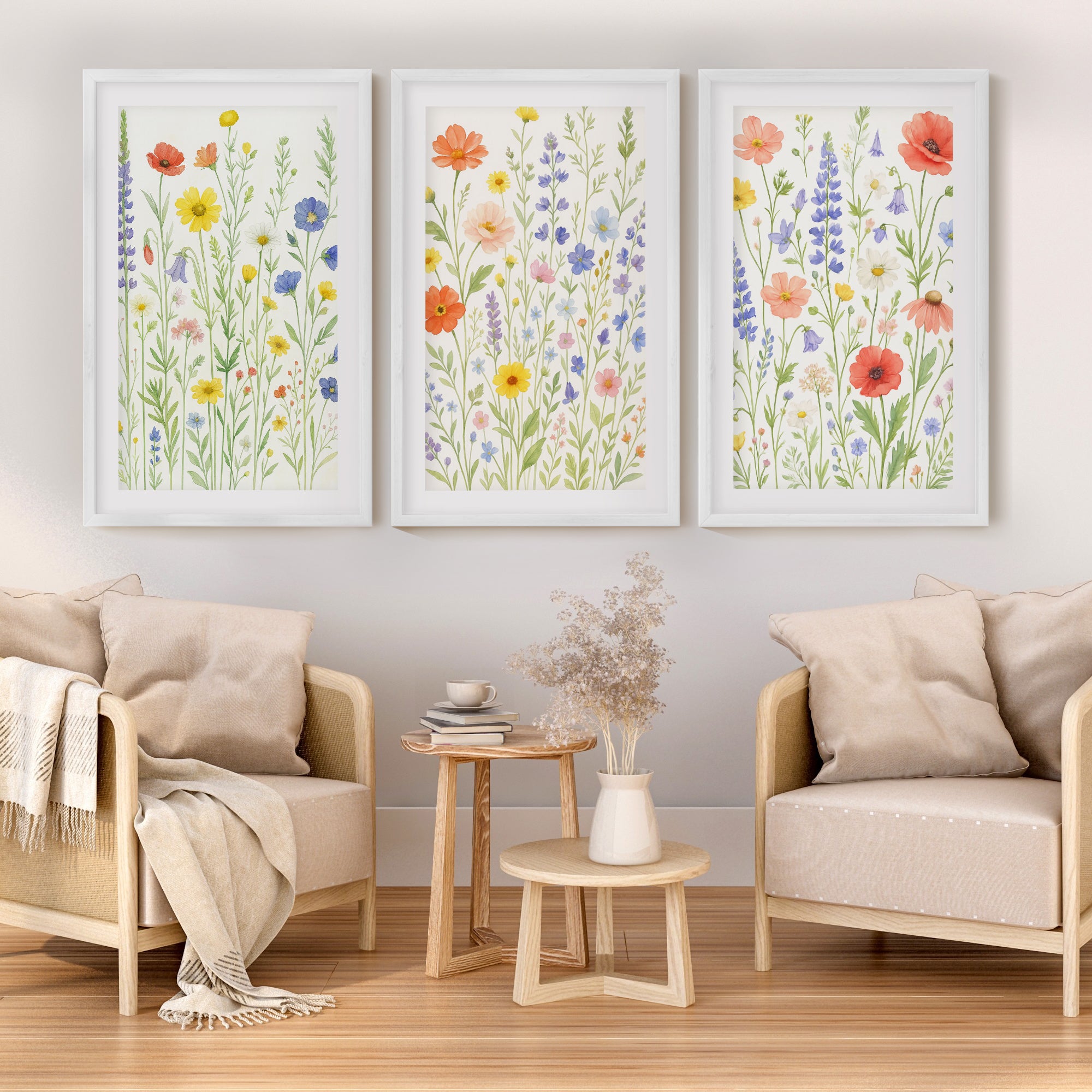 Floral Art Wall – 3 Piece Poster Set  

 - White Framed Poster with White Border - Artworksets