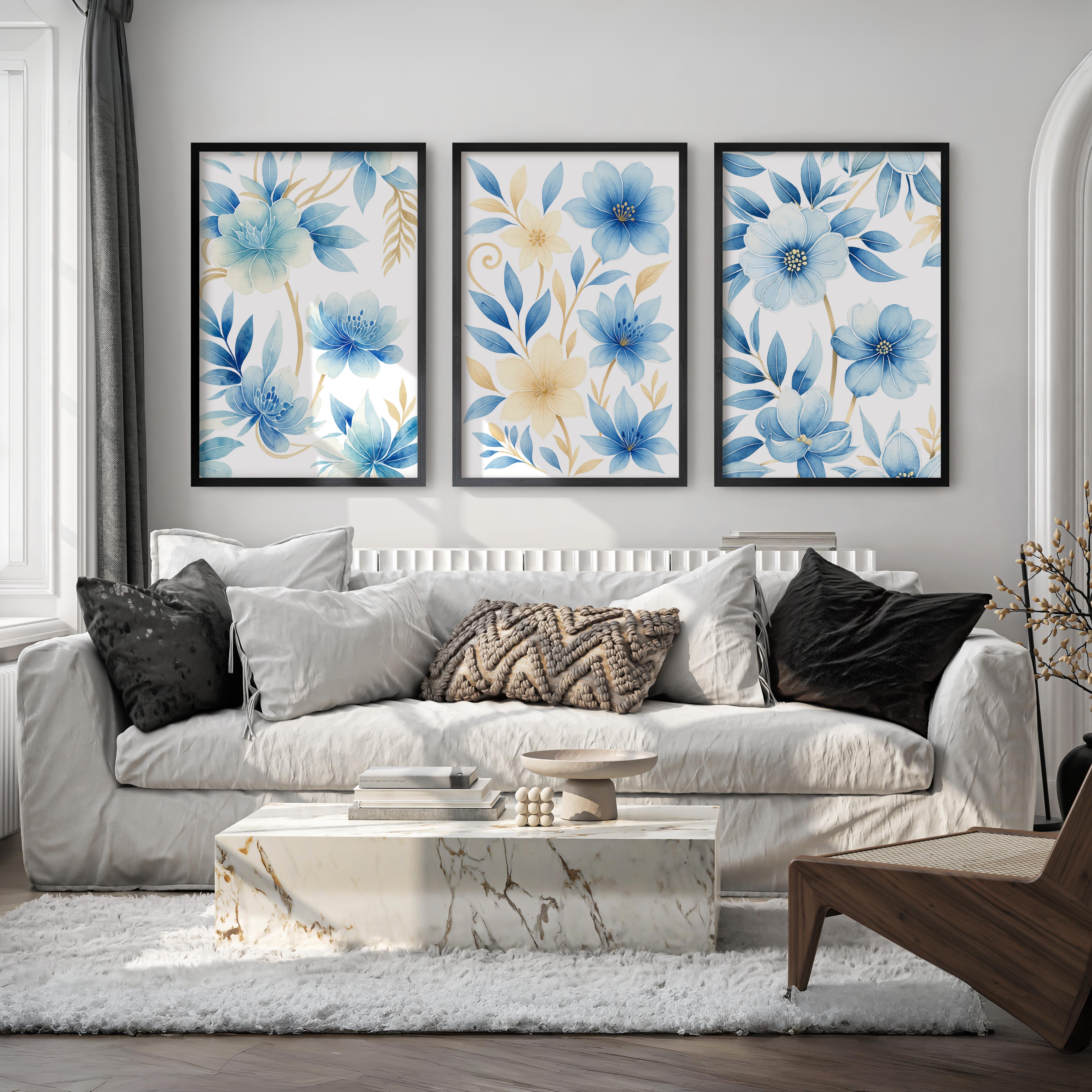 Floral Painting on Wall – Blue Botanical Set of 3
 - Black Framed Poster No Border - Artworksets