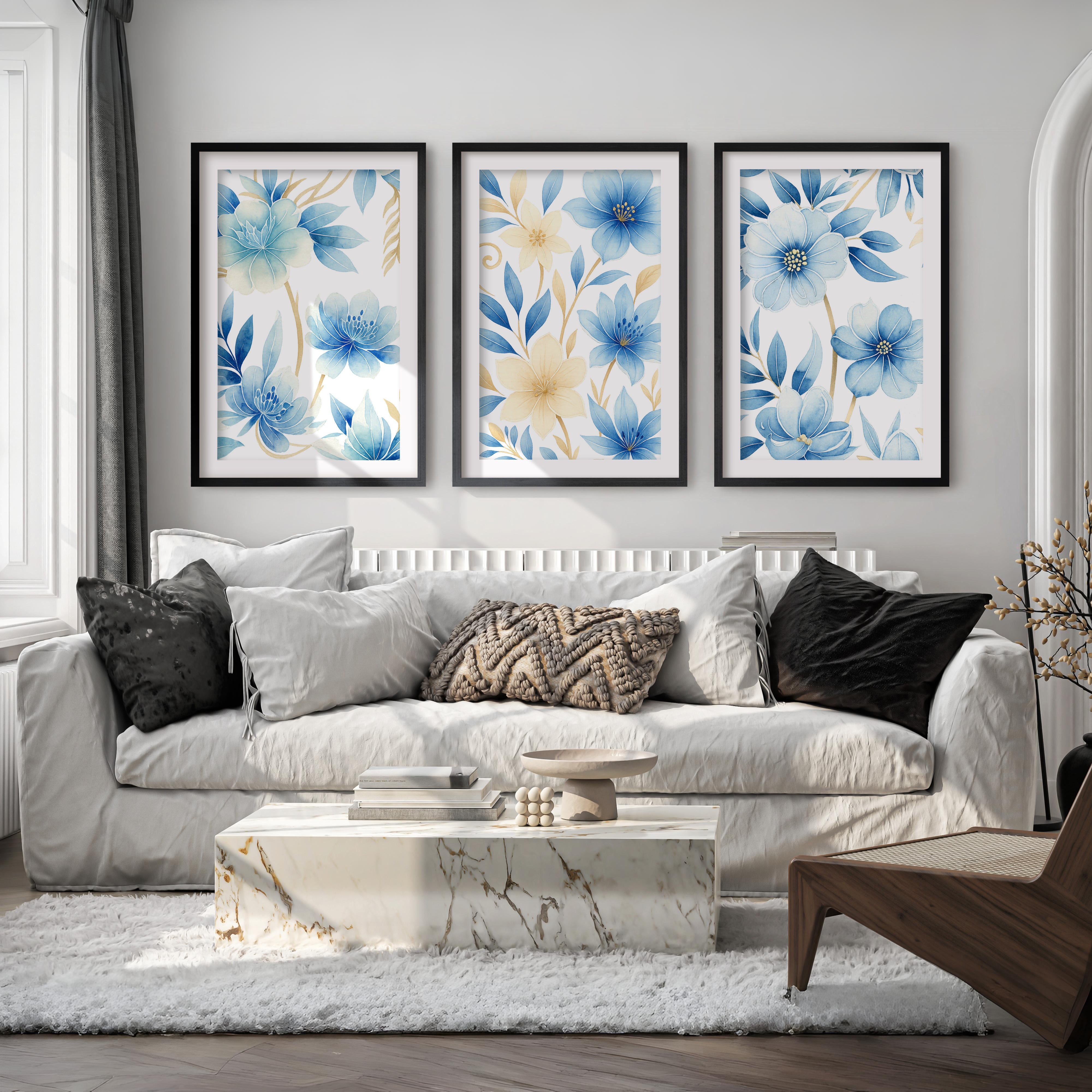 Floral Painting on Wall – Blue Botanical Set of 3
 - Black Framed Poster with White Border - Artworksets
