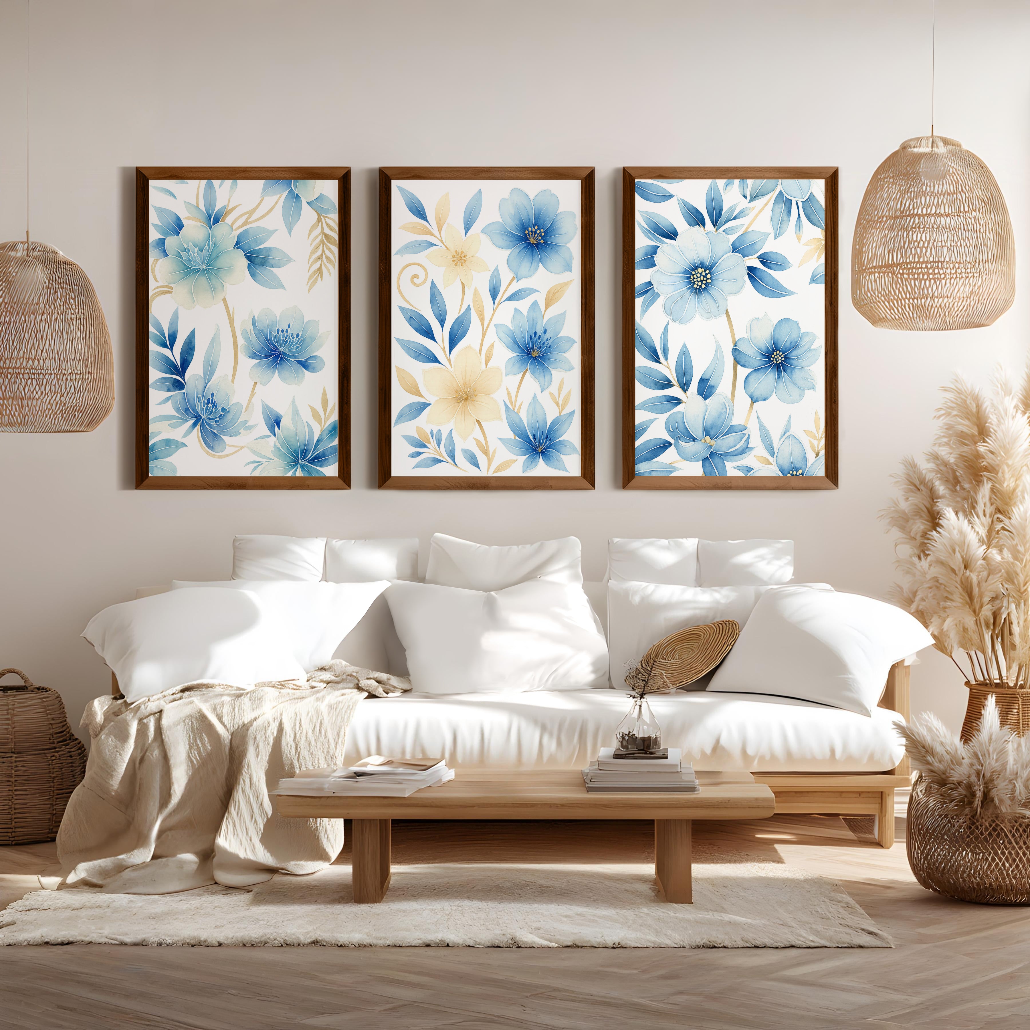 Floral Painting on Wall – Blue Botanical Set of 3
 - Dark Brown Framed Poster No Border - Artworksets