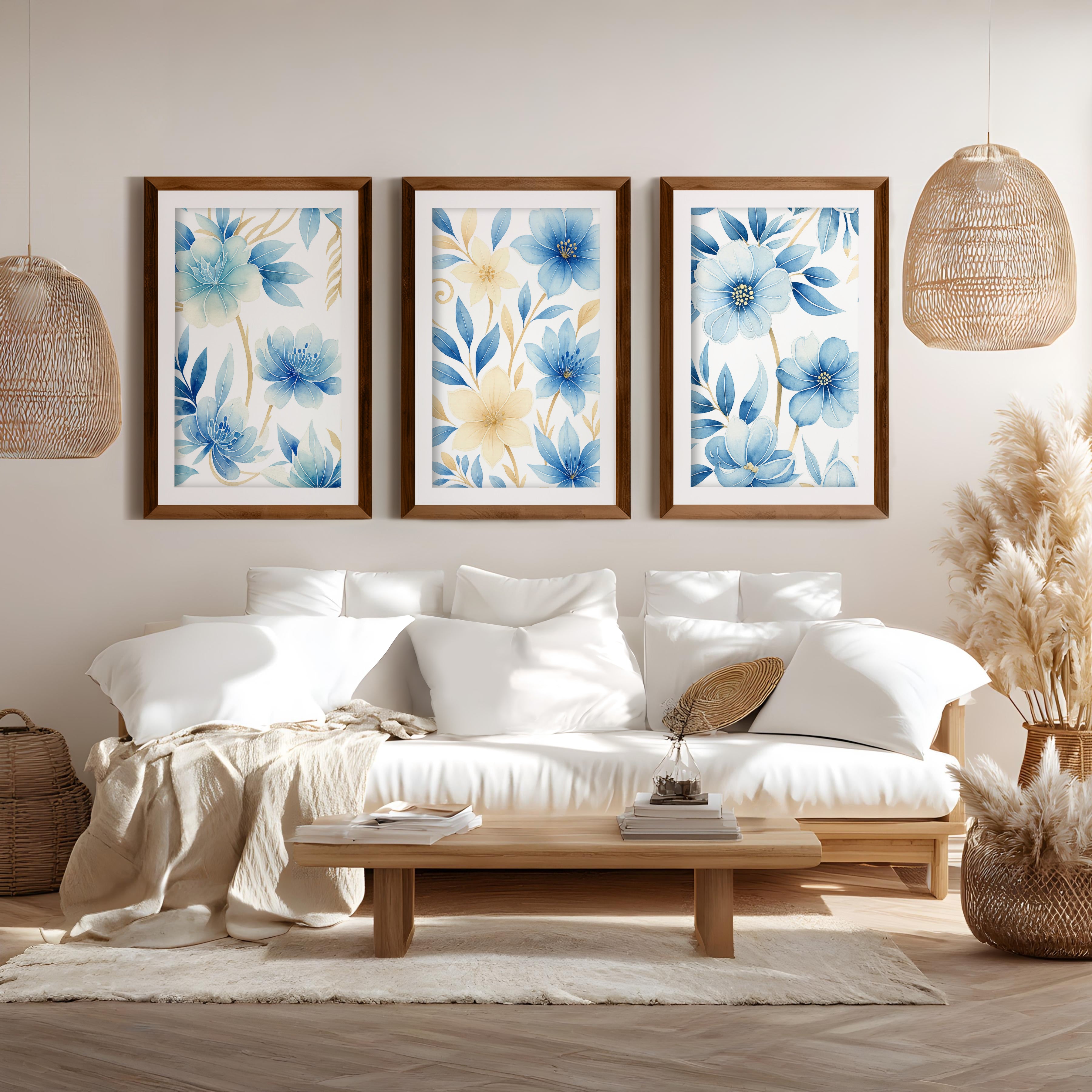 Floral Painting on Wall – Blue Botanical Set of 3
 - Dark Brown Framed Poster with White Border - Artworksets