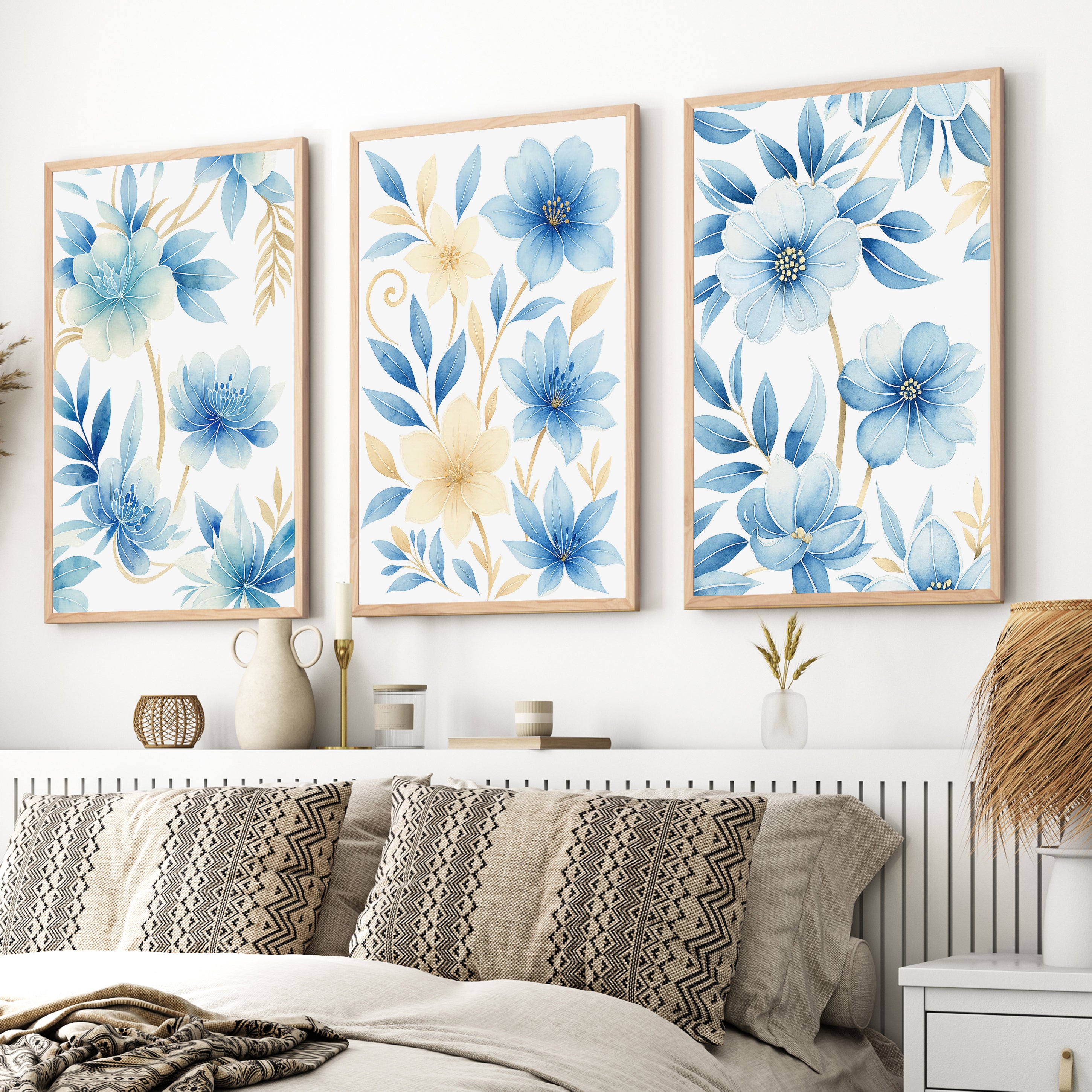 Floral Painting on Wall – Blue Botanical Set of 3
 - Natural Wood Framed Poster No Border - Artworksets