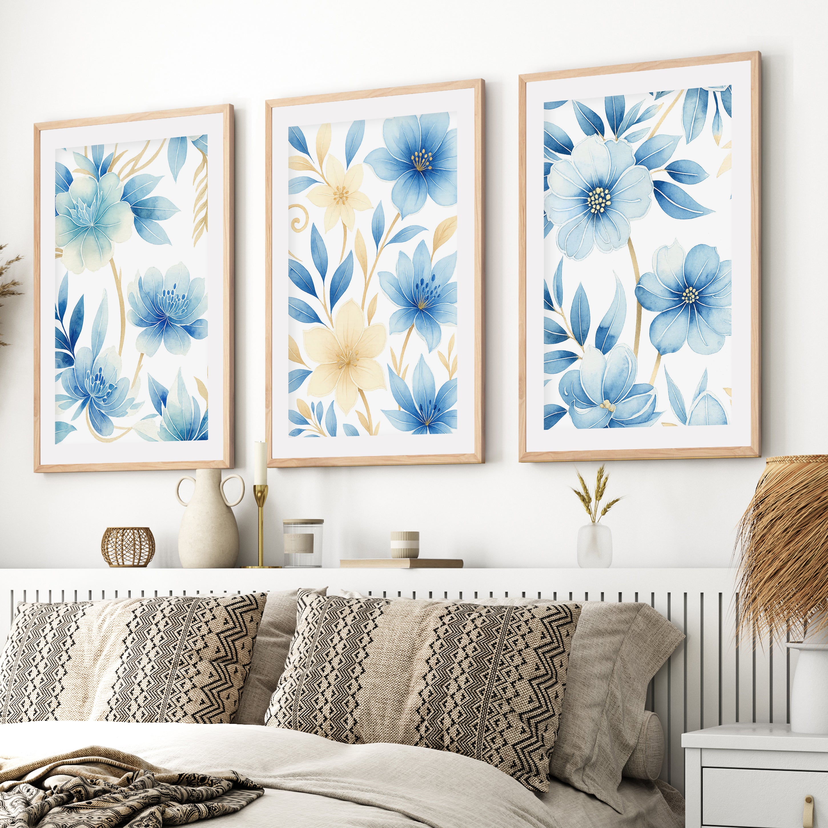 Floral Painting on Wall – Blue Botanical Set of 3
- Natural Wood Framed Poster with White Border - Artworksets