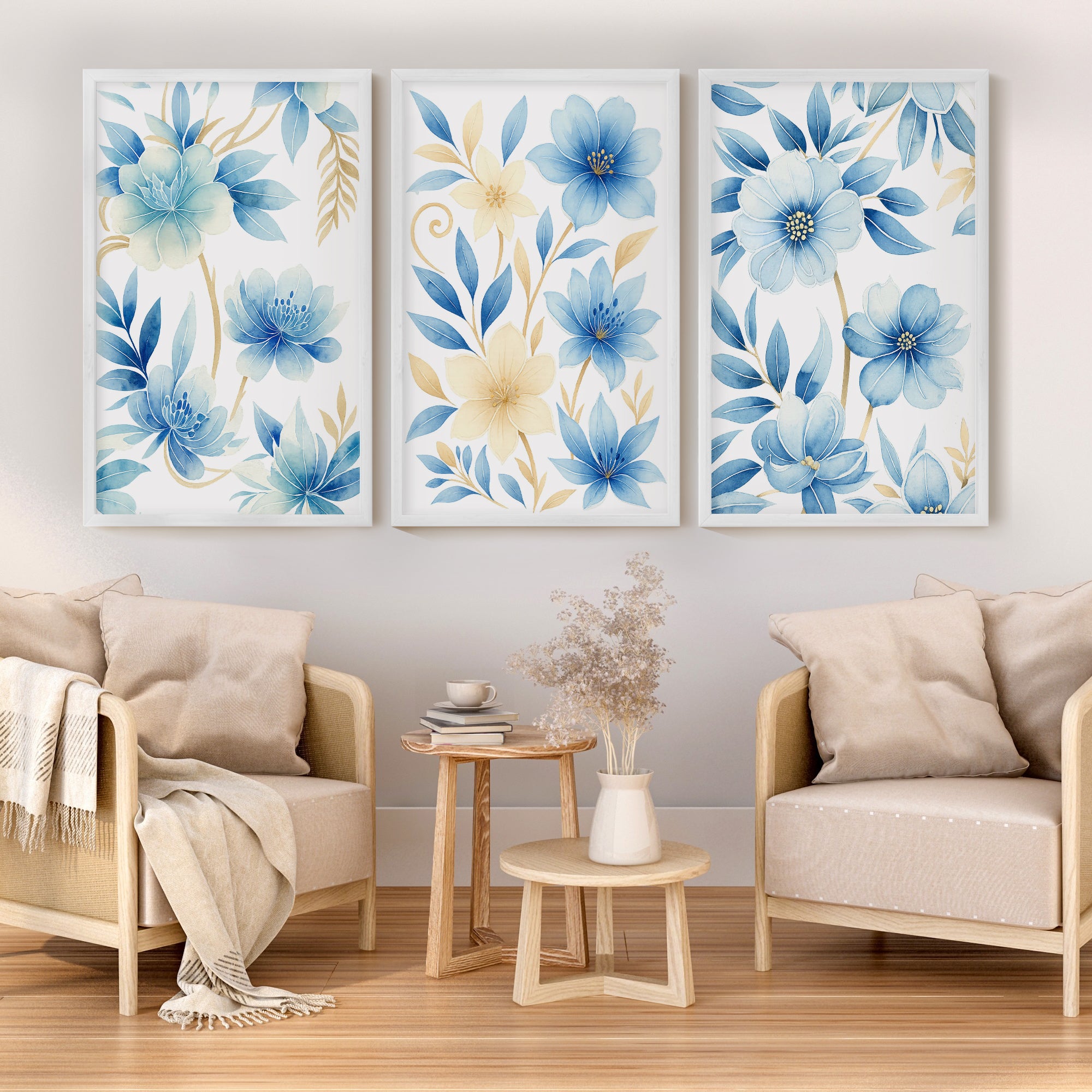 Floral Painting on Wall – Blue Botanical Set of 3
 - White Framed Poster No Border - Artworksets