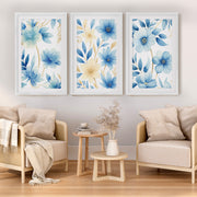 Floral Painting on Wall – Blue Botanical Set of 3
 - White Framed Poster with White Border - Artworksets