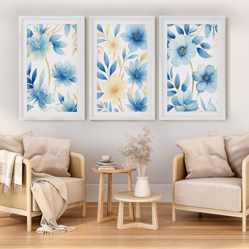 Floral Painting on Wall – Blue Botanical Set of 3
 - White Framed Poster with White Border - Artworksets