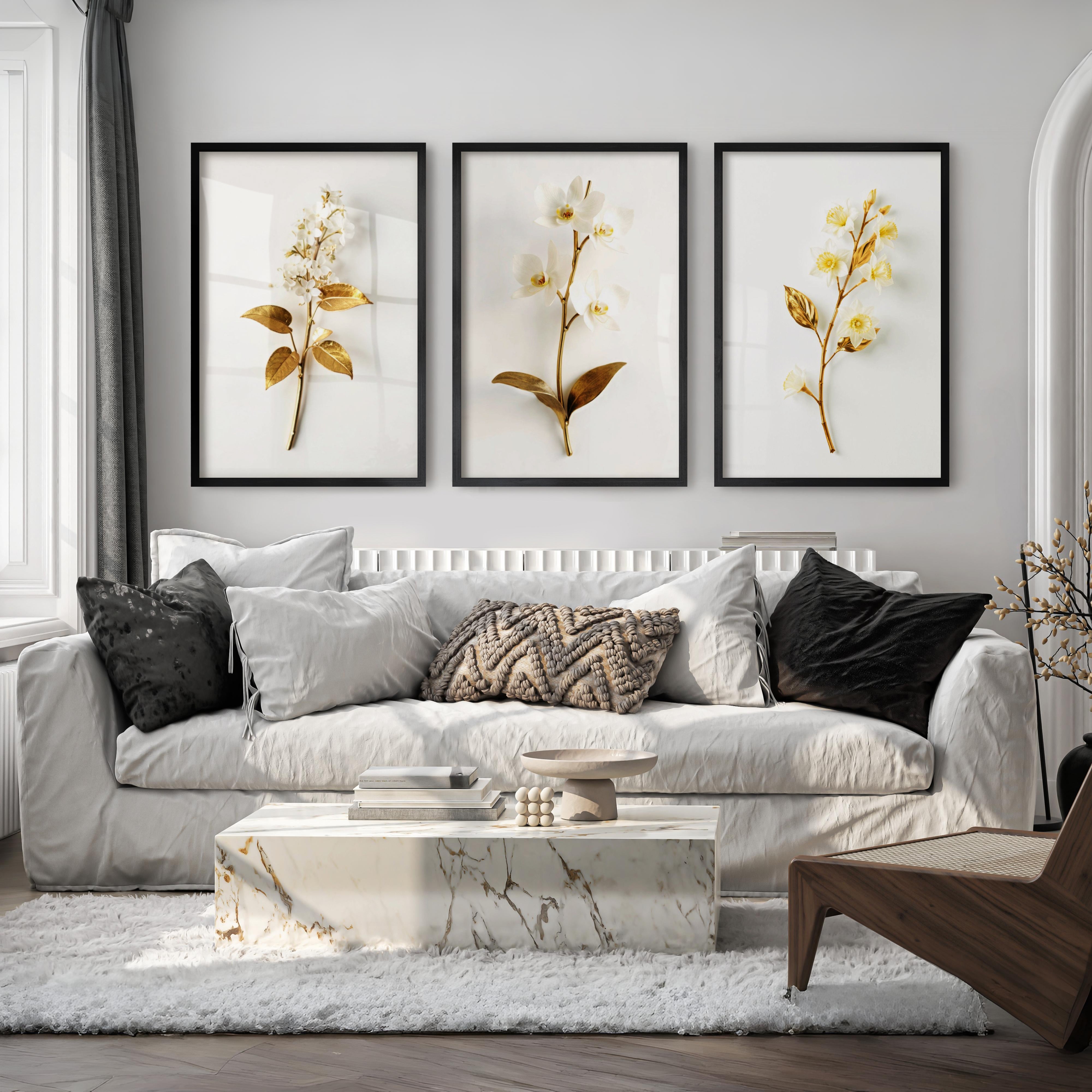 Floral Pictures for Wall Gold White Botanical Art Set of 3 - Black Framed Poster No Border - Artworksets