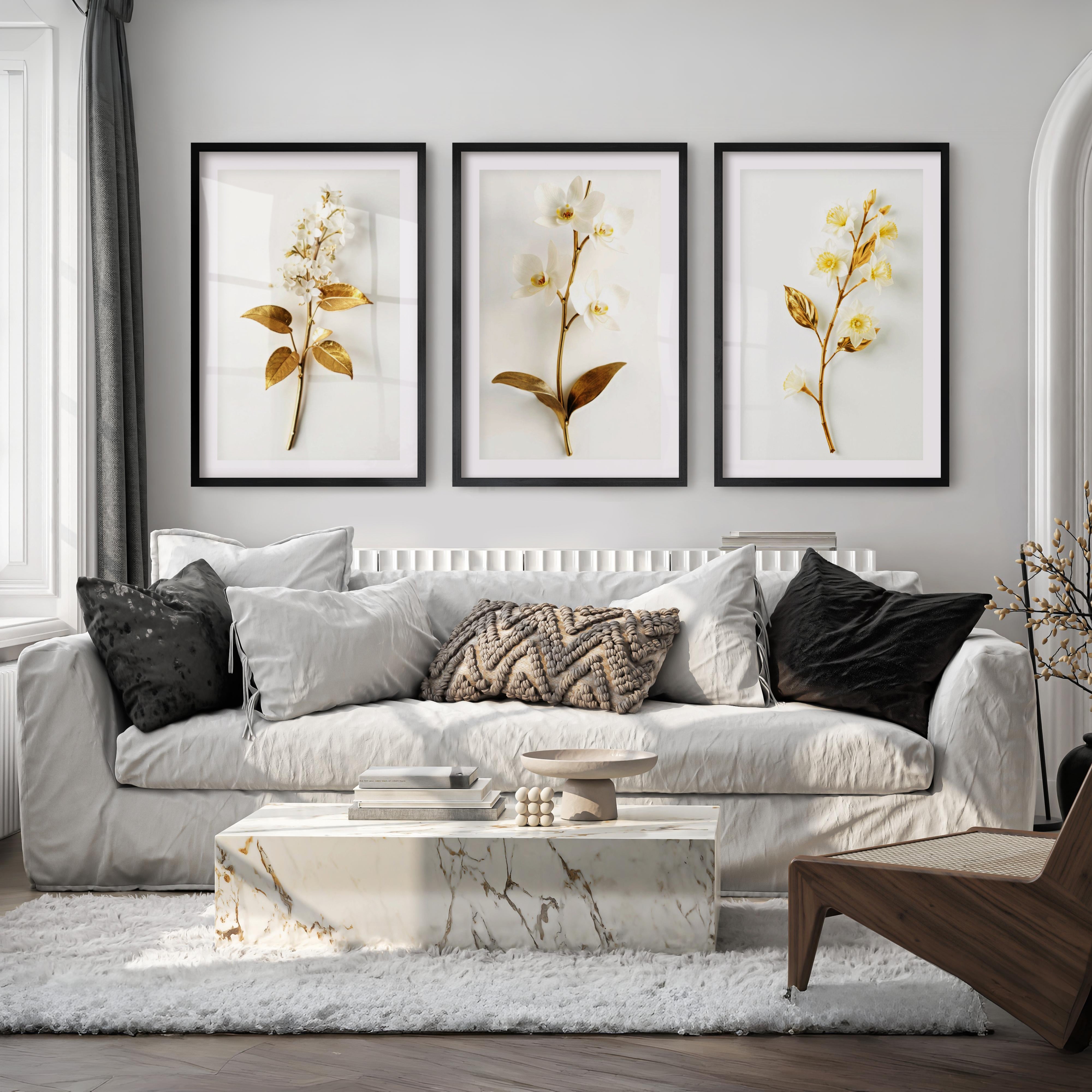 Floral Pictures for Wall Gold White Botanical Art Set of 3 - Black Framed Poster with White Border - Artworksets