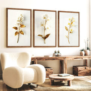 Floral Pictures for Wall Gold White Botanical Art Set of 3 - Dark Brown Framed Poster No Border - Artworksets