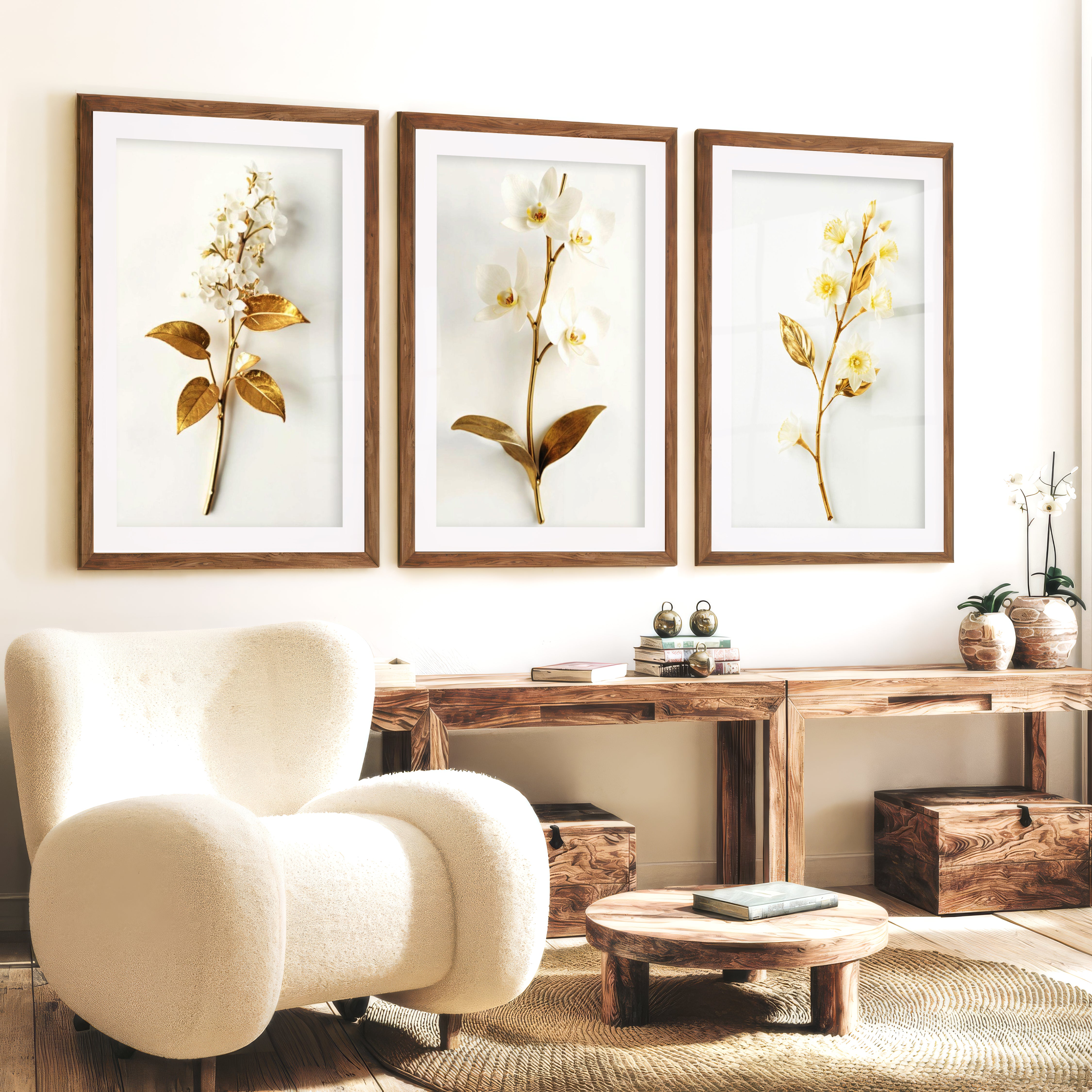 Floral Pictures for Wall Gold White Botanical Art Set of 3 - Dark Brown Framed Poster with White Border - Artworksets