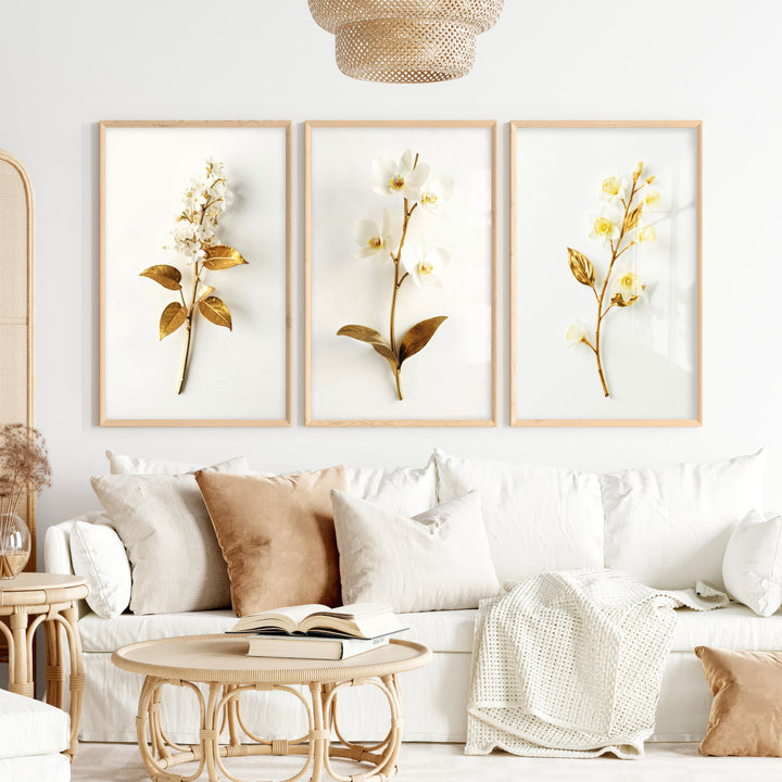 Floral Pictures for Wall Gold White Botanical Art Set of 3 - Natural Wood Framed Poster No Border - Artworksets