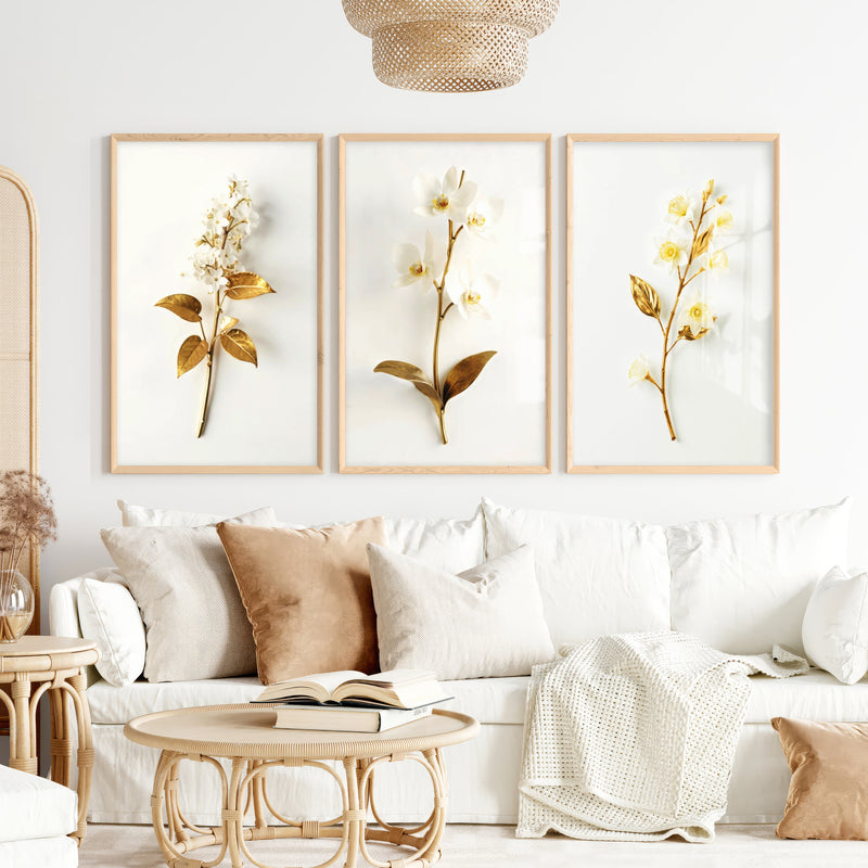 Floral Pictures for Wall Gold White Botanical Art Set of 3 - Natural Wood Framed Poster No Border - Artworksets