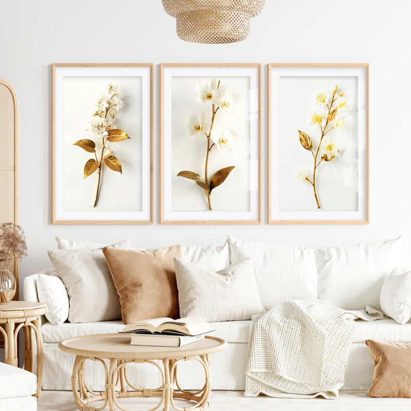 Floral Pictures for Wall Gold White Botanical Art Set of 3- Natural Wood Framed Poster with White Border - Artworksets