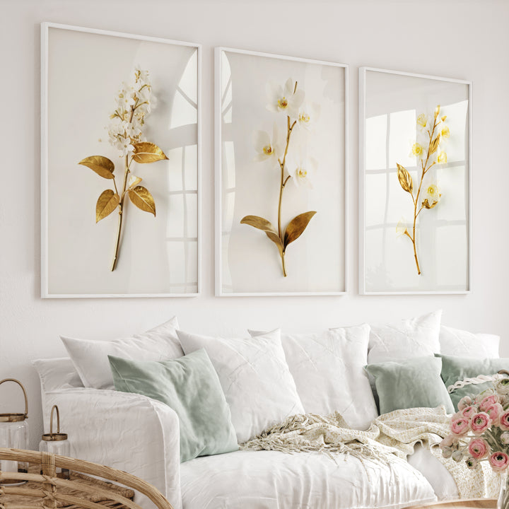 Floral Pictures for Wall Gold White Botanical Art Set of 3 - White Framed Poster No Border - Artworksets