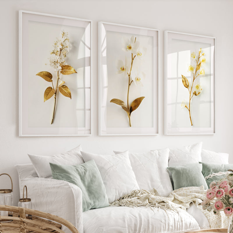 Floral Pictures for Wall Gold White Botanical Art Set of 3 - White Framed Poster with White Border - Artworksets
