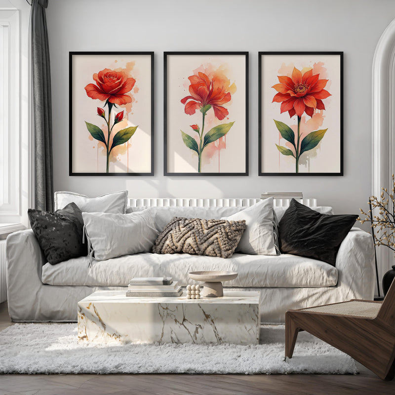 Floral Posters – Red Flowers Watercolor Set of 3
 - Black Framed Poster No Border - Artworksets