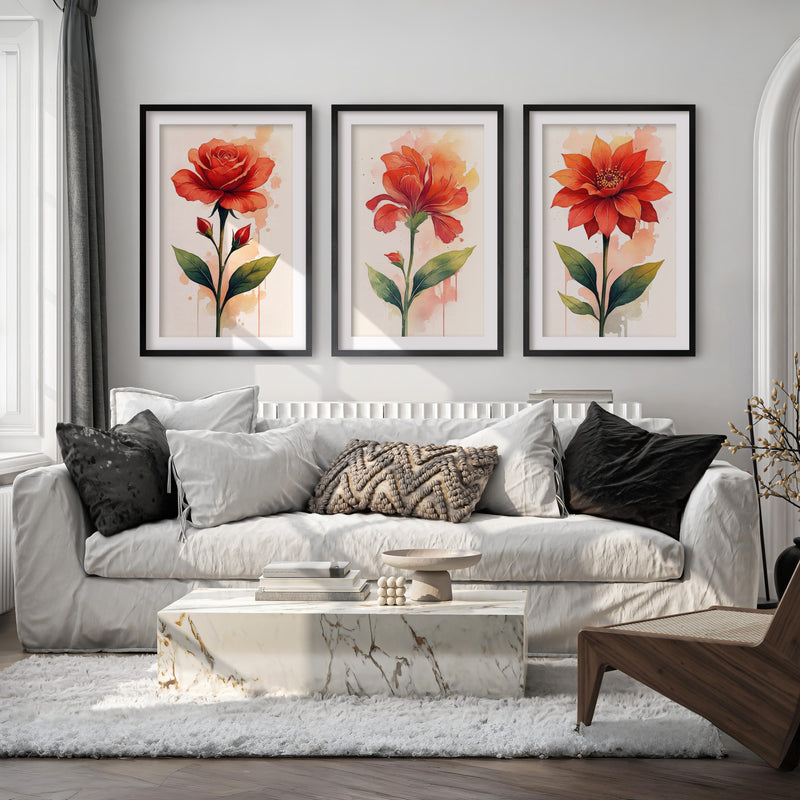 Floral Posters – Red Flowers Watercolor Set of 3
 - Black Framed Poster with White Border - Artworksets