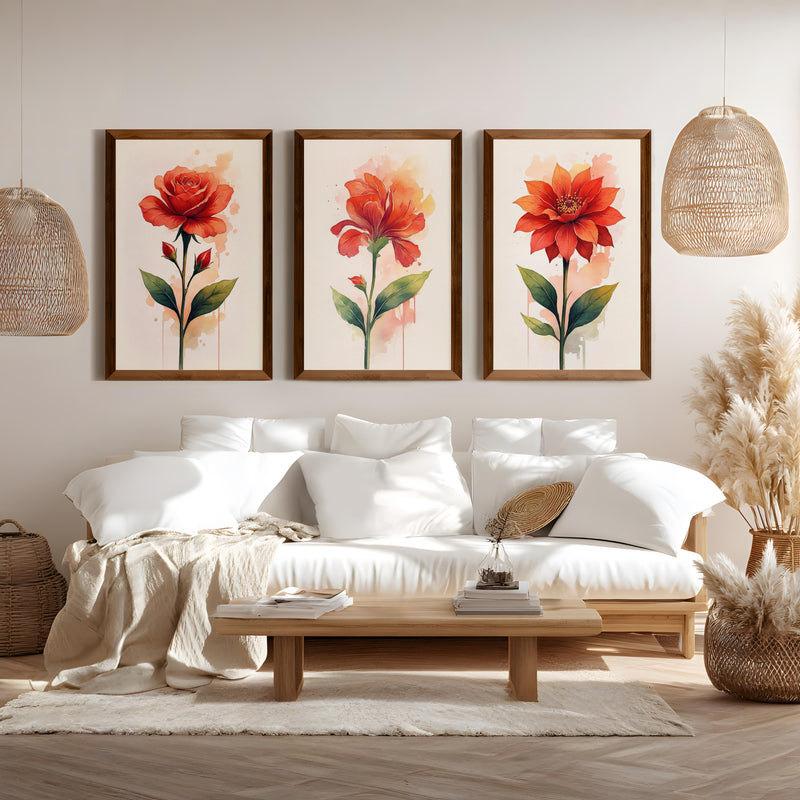 Floral Posters – Red Flowers Watercolor Set of 3
 - Dark Brown Framed Poster No Border - Artworksets