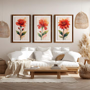 Floral Posters – Red Flowers Watercolor Set of 3
 - Dark Brown Framed Poster with White Border - Artworksets