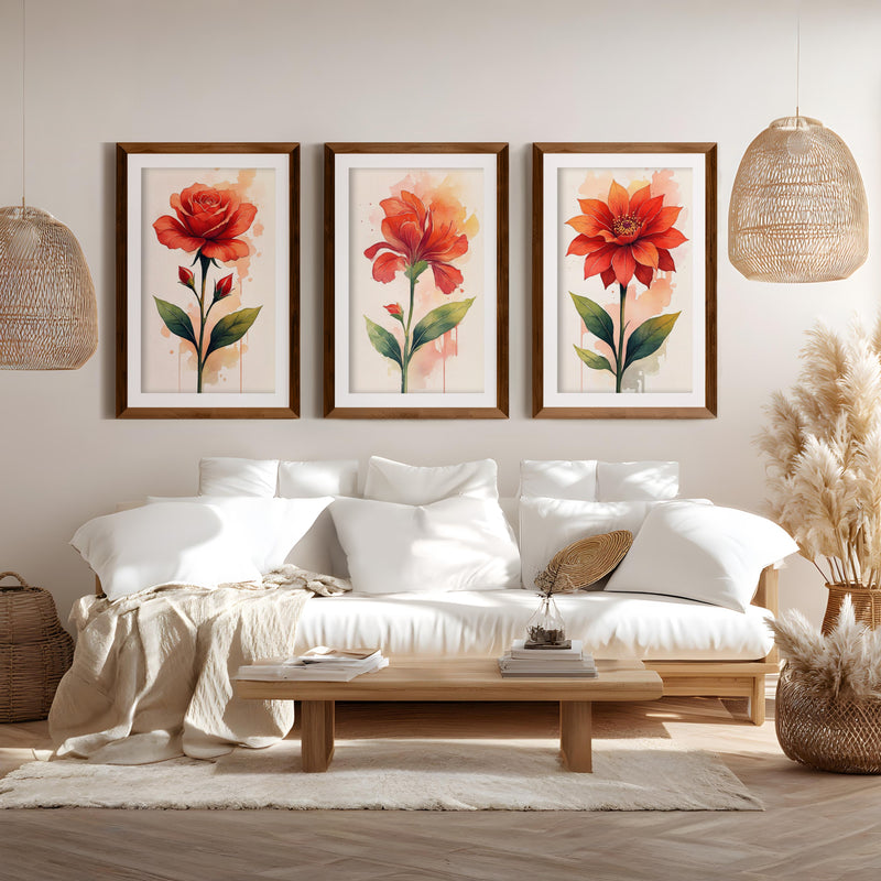 Floral Posters – Red Flowers Watercolor Set of 3
 - Dark Brown Framed Poster with White Border - Artworksets