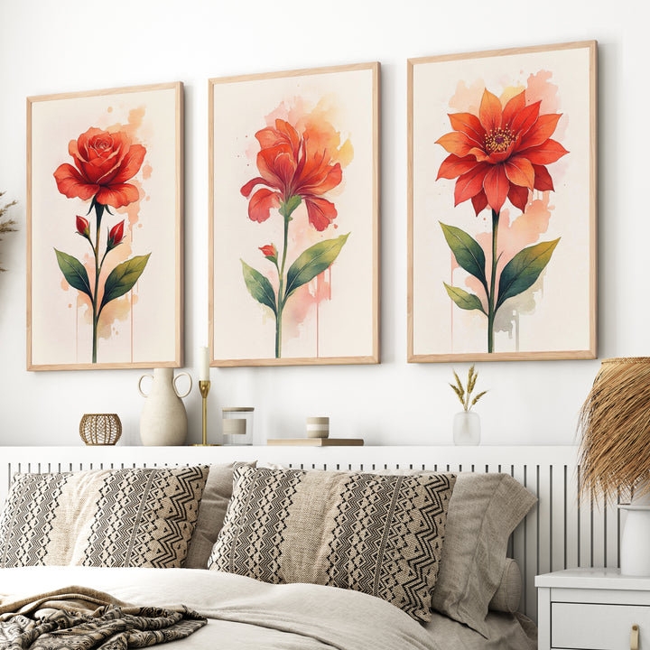 Floral Posters – Red Flowers Watercolor Set of 3
 - Natural Wood Framed Poster No Border - Artworksets
