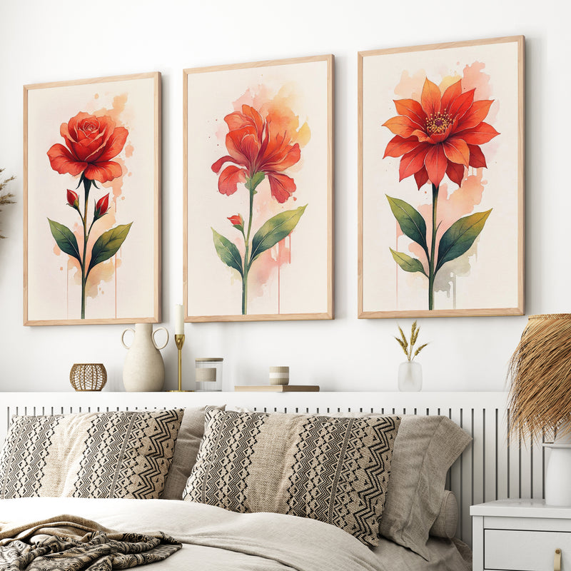 Floral Posters – Red Flowers Watercolor Set of 3
 - Natural Wood Framed Poster No Border - Artworksets