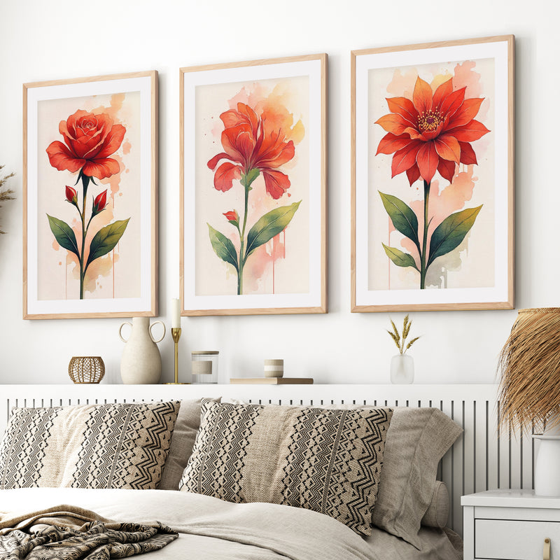 Floral Posters – Red Flowers Watercolor Set of 3
- Natural Wood Framed Poster with White Border - Artworksets