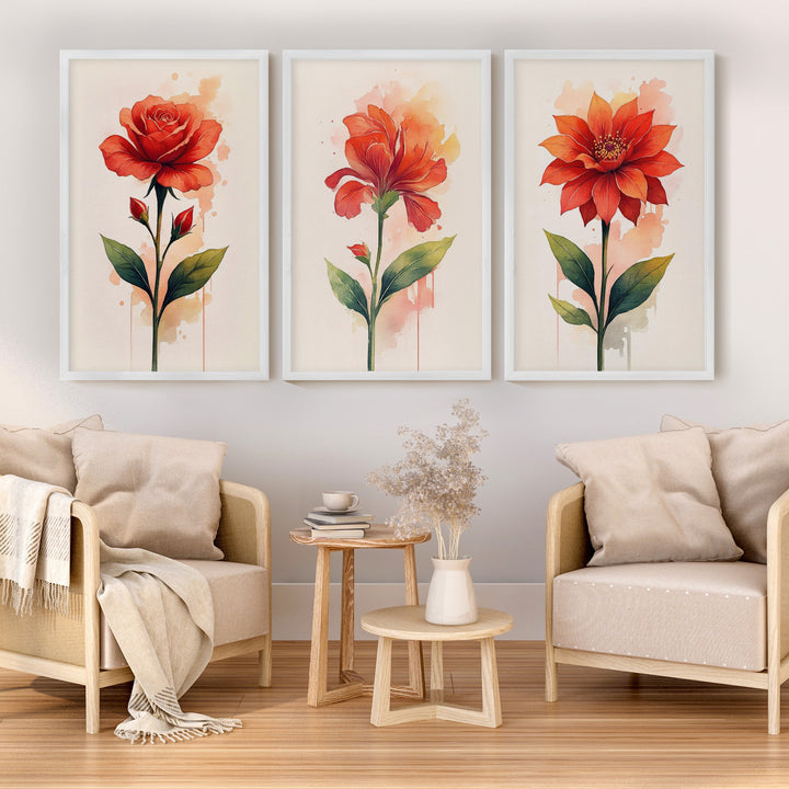 Floral Posters – Red Flowers Watercolor Set of 3
 - White Framed Poster No Border - Artworksets
