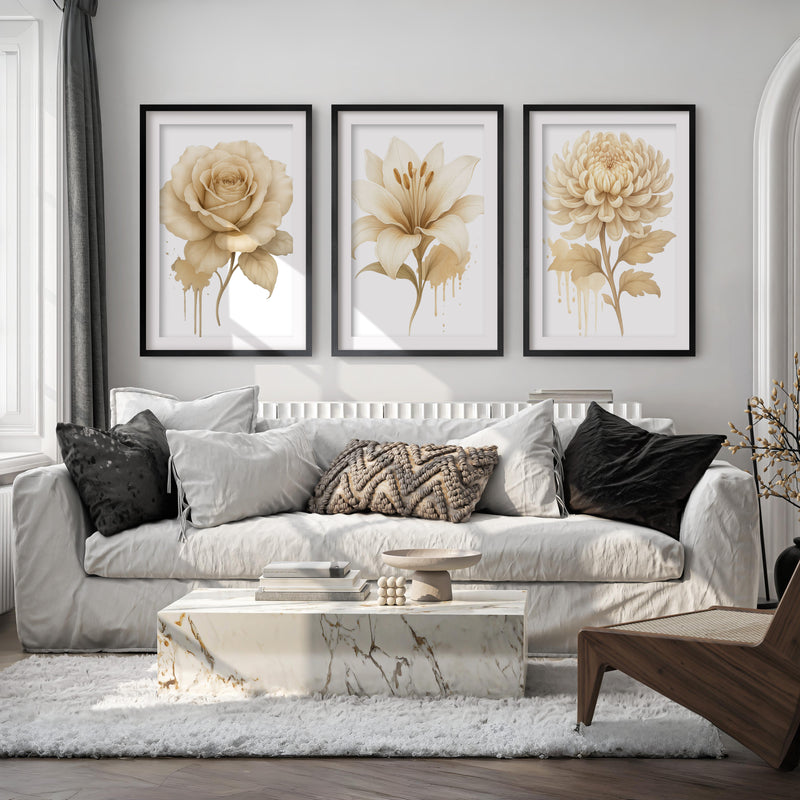 Floral Prints – Pastel Botanical Wall Art Set of 3
 - Black Framed Poster with White Border - Artworksets