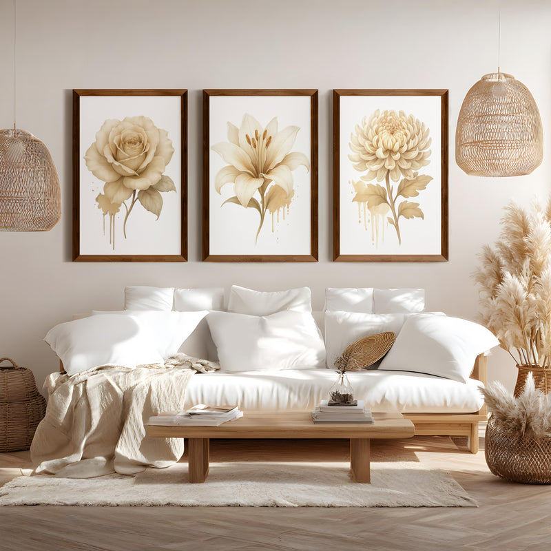 Floral Prints – Pastel Botanical Wall Art Set of 3
 - Dark Brown Framed Poster No Border - Artworksets