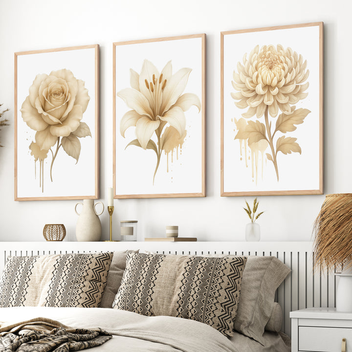 Floral Prints – Pastel Botanical Wall Art Set of 3
 - Natural Wood Framed Poster No Border - Artworksets