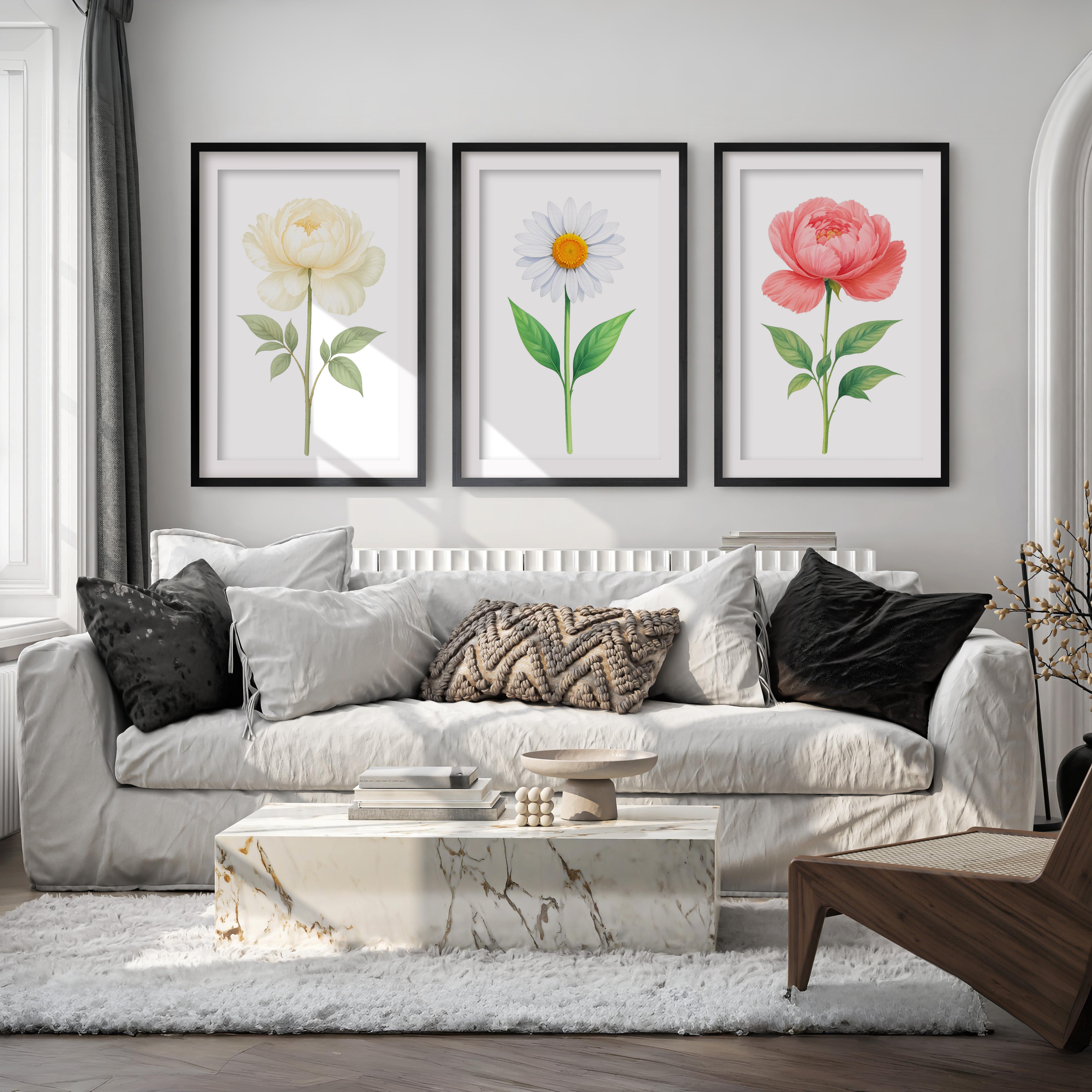 Floral Prints – Peony and Daisy Botanical Wall Art Set of 3
 - Black Framed Poster with White Border - Artworksets