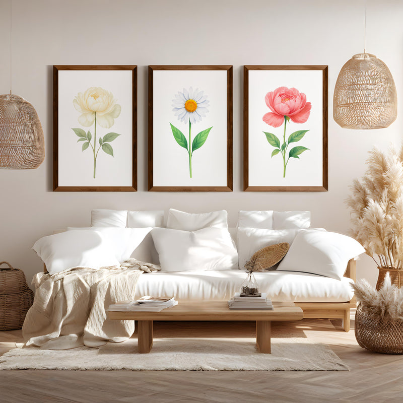 Floral Prints – Peony and Daisy Botanical Wall Art Set of 3
 - Dark Brown Framed Poster No Border - Artworksets