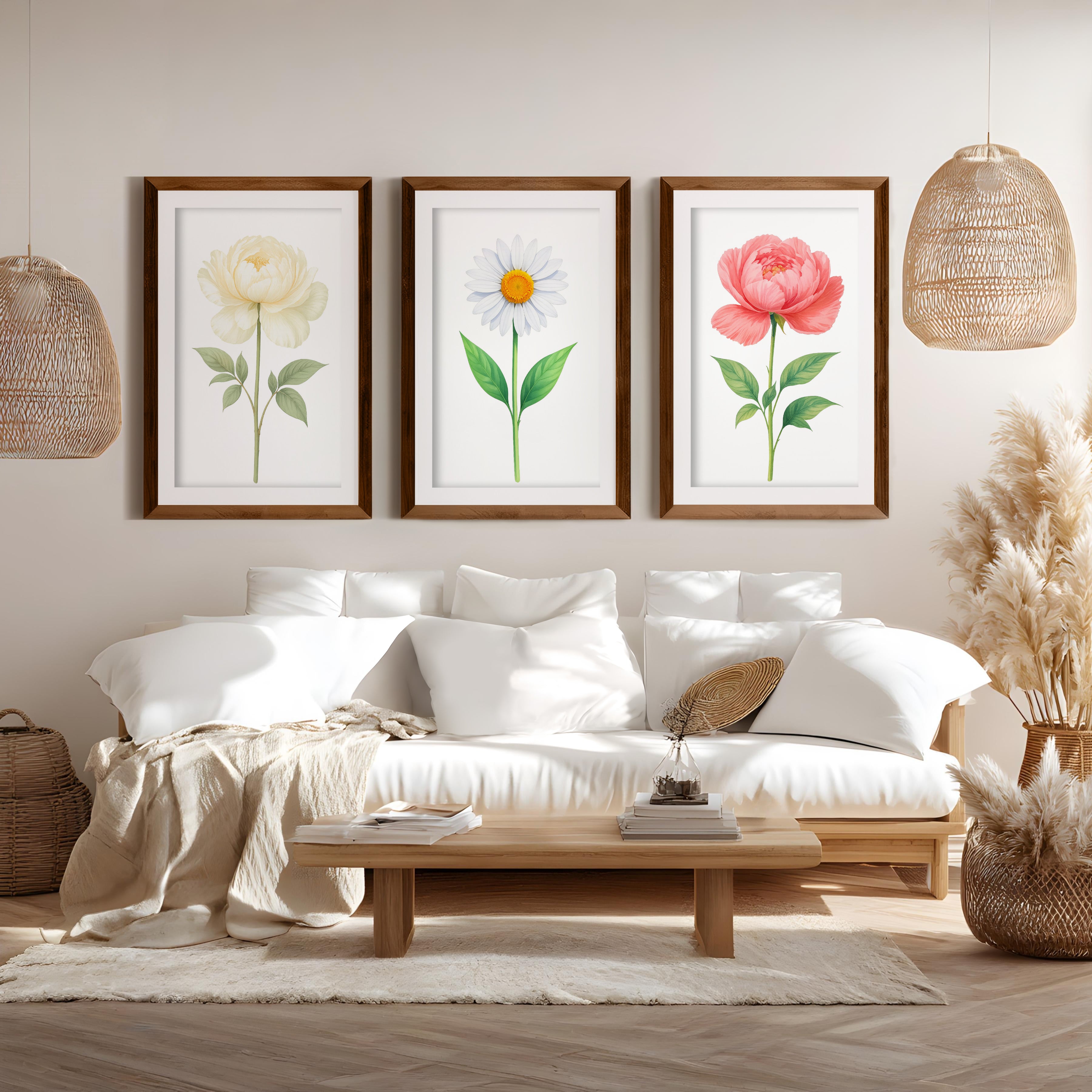 Floral Prints – Peony and Daisy Botanical Wall Art Set of 3
 - Dark Brown Framed Poster with White Border - Artworksets