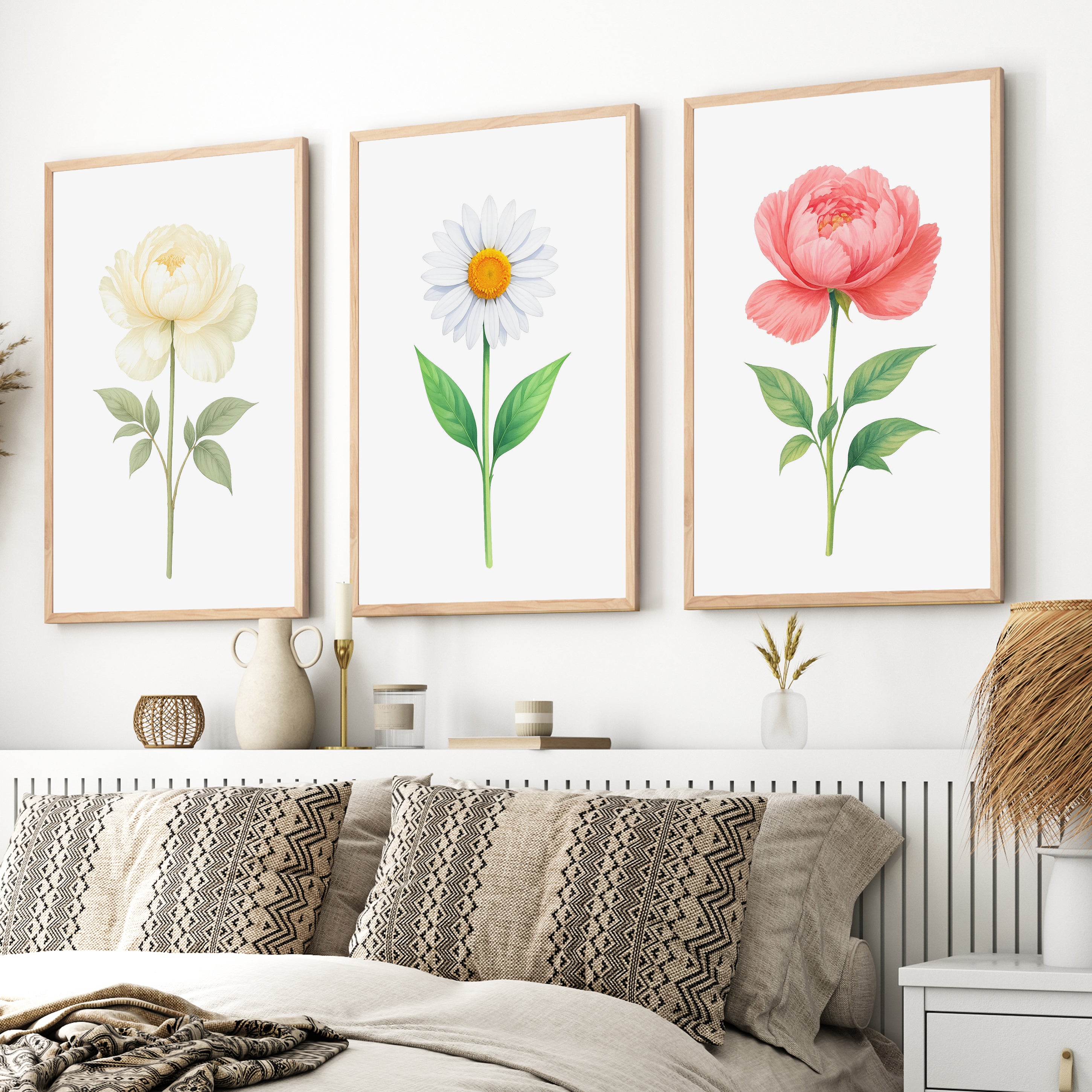 Floral Prints – Peony and Daisy Botanical Wall Art Set of 3
 - Natural Wood Framed Poster No Border - Artworksets