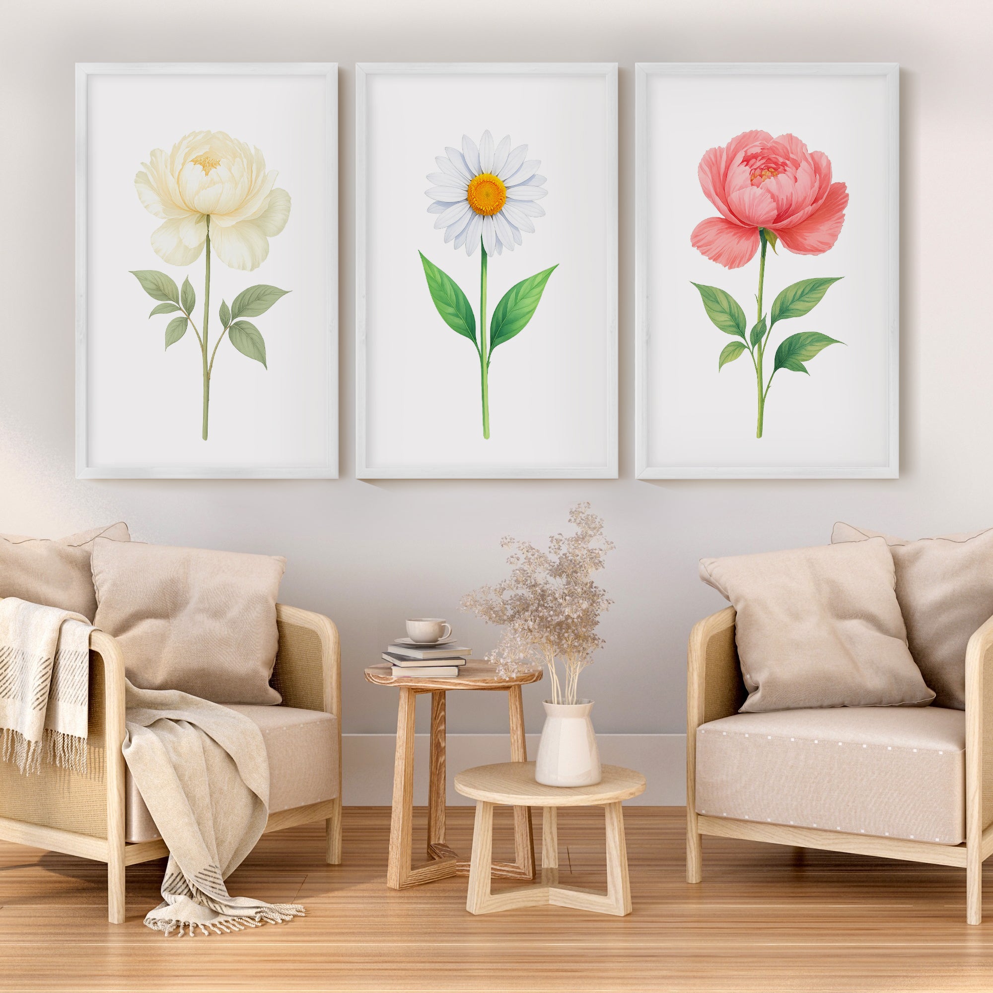 Floral Prints – Peony and Daisy Botanical Wall Art Set of 3
 - White Framed Poster No Border - Artworksets