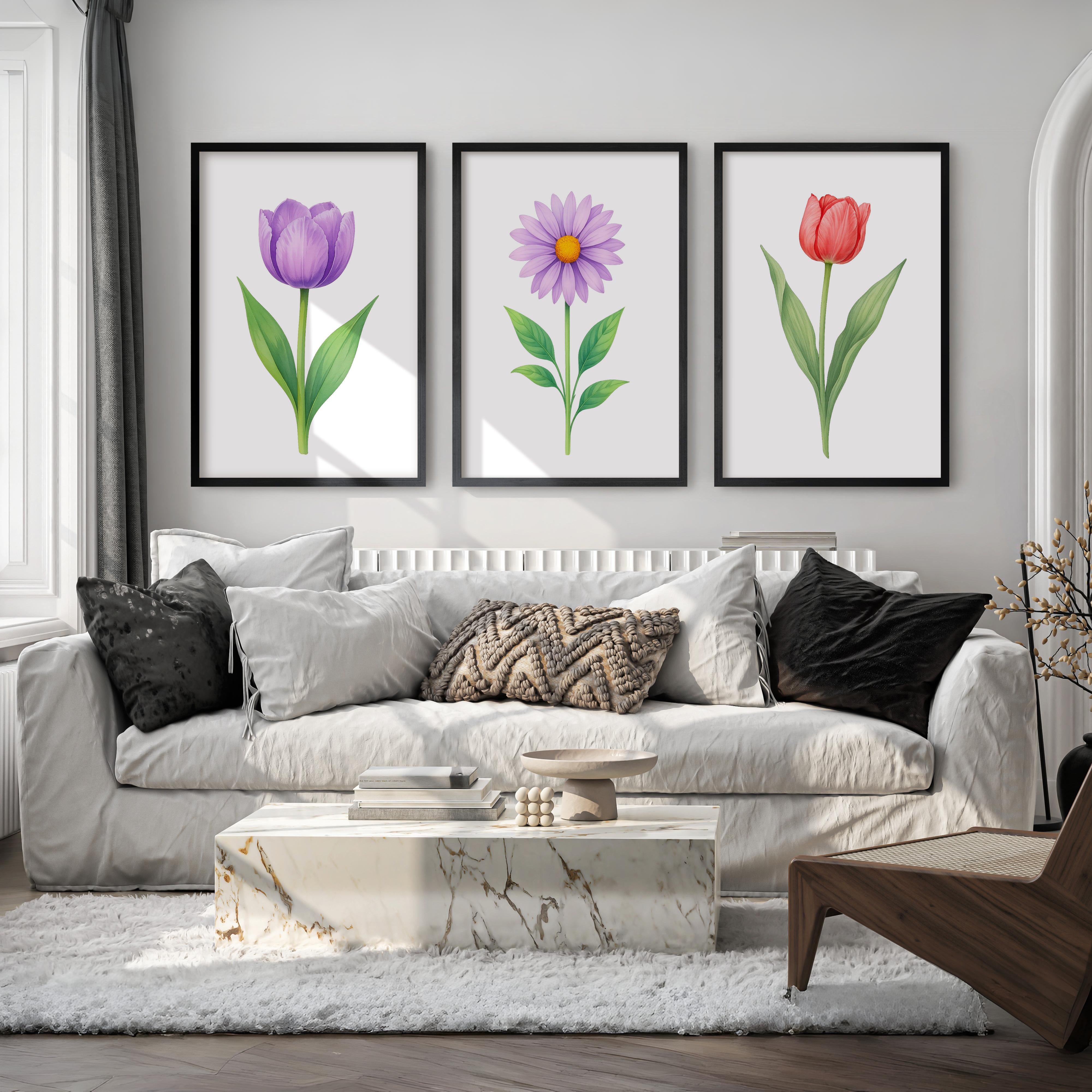 Floral Prints – Purple Tulip, Daisy and Red Tulip Botanical Prints Framed Set of 3

 - Black Framed Poster No Border - Artworksets