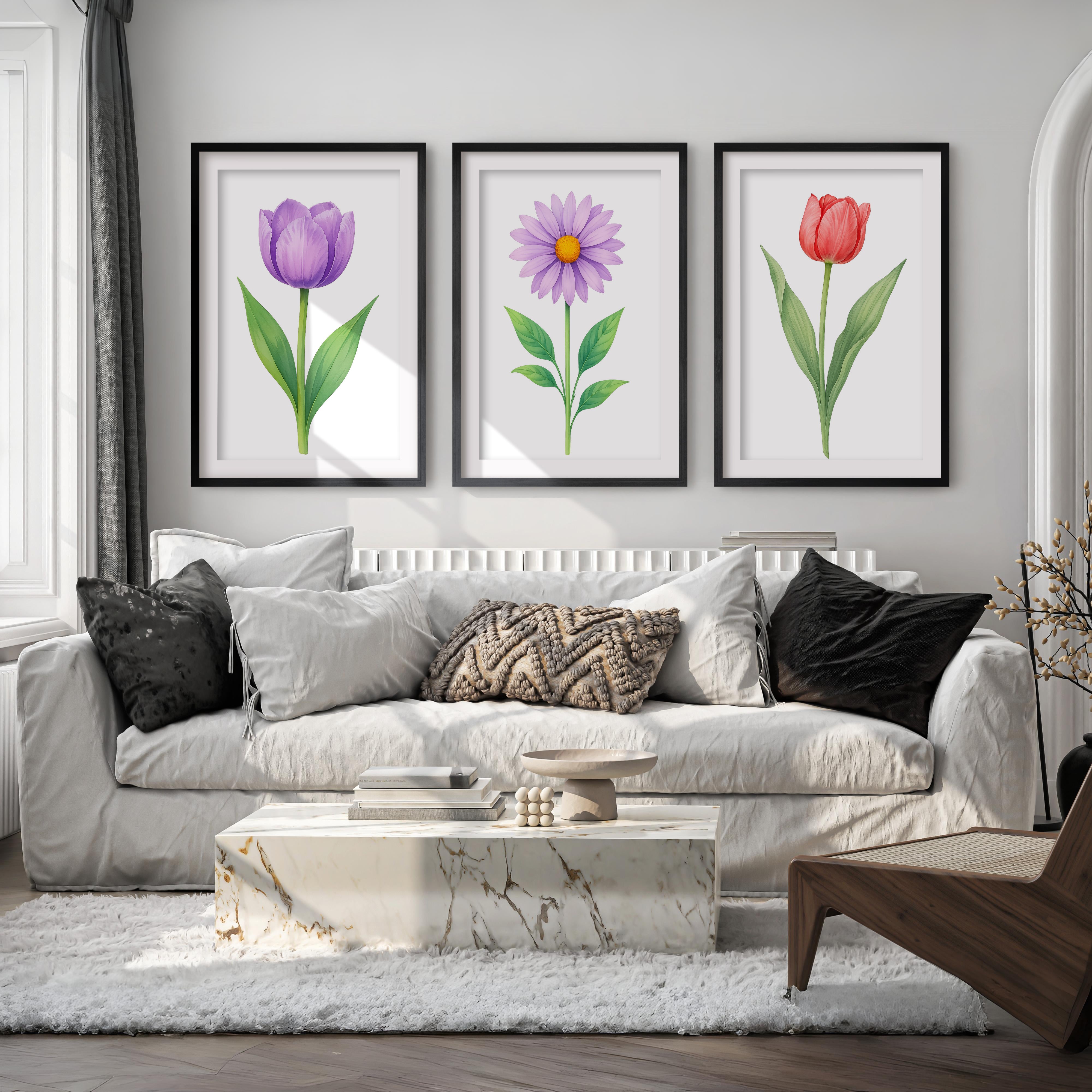 Floral Prints – Purple Tulip, Daisy and Red Tulip Botanical Prints Framed Set of 3

 - Black Framed Poster with White Border - Artworksets