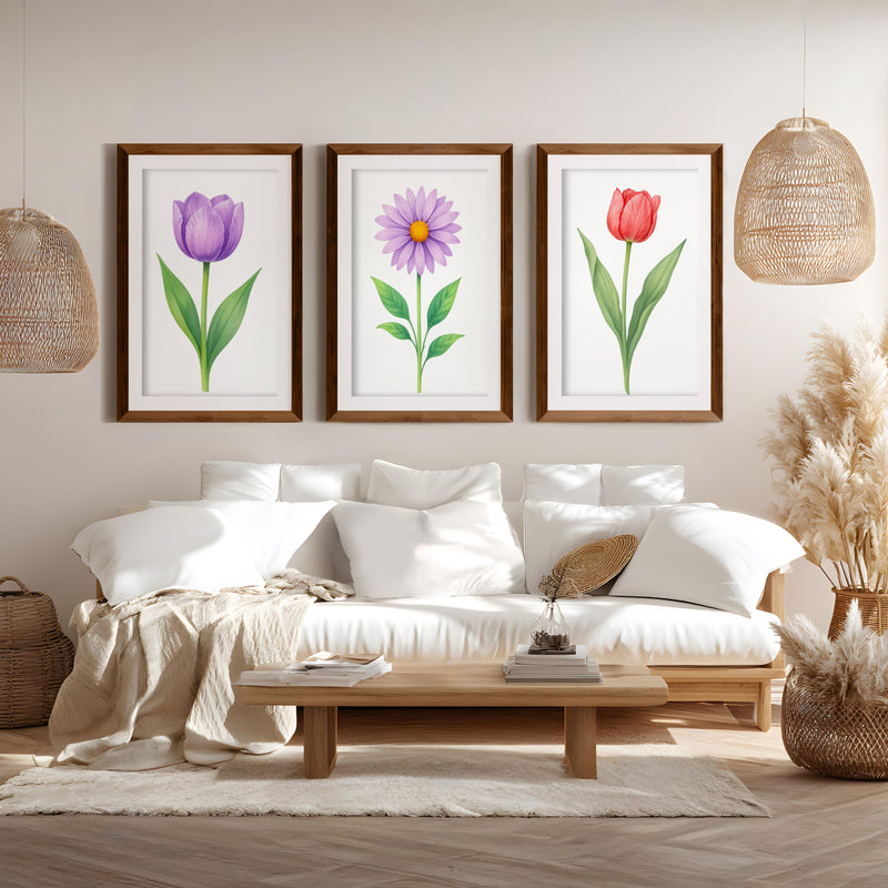 Floral Prints – Purple Tulip, Daisy and Red Tulip Botanical Prints Framed Set of 3

 - Dark Brown Framed Poster with White Border - Artworksets
