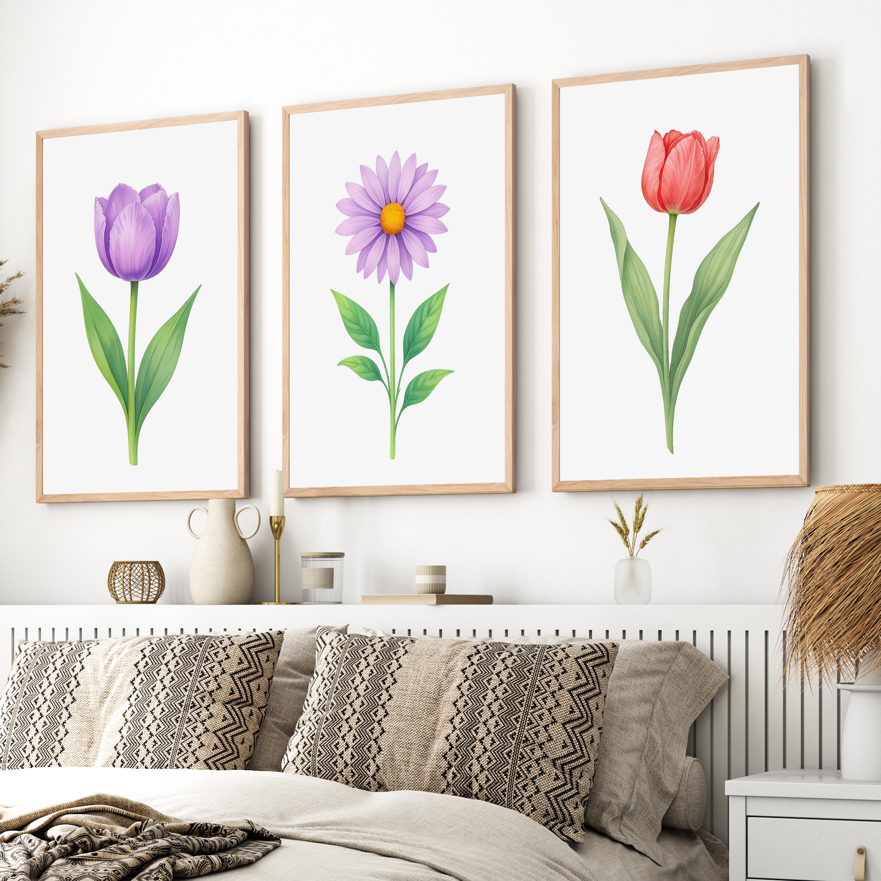 Floral Prints – Purple Tulip, Daisy and Red Tulip Botanical Prints Framed Set of 3

 - Natural Wood Framed Poster No Border - Artworksets