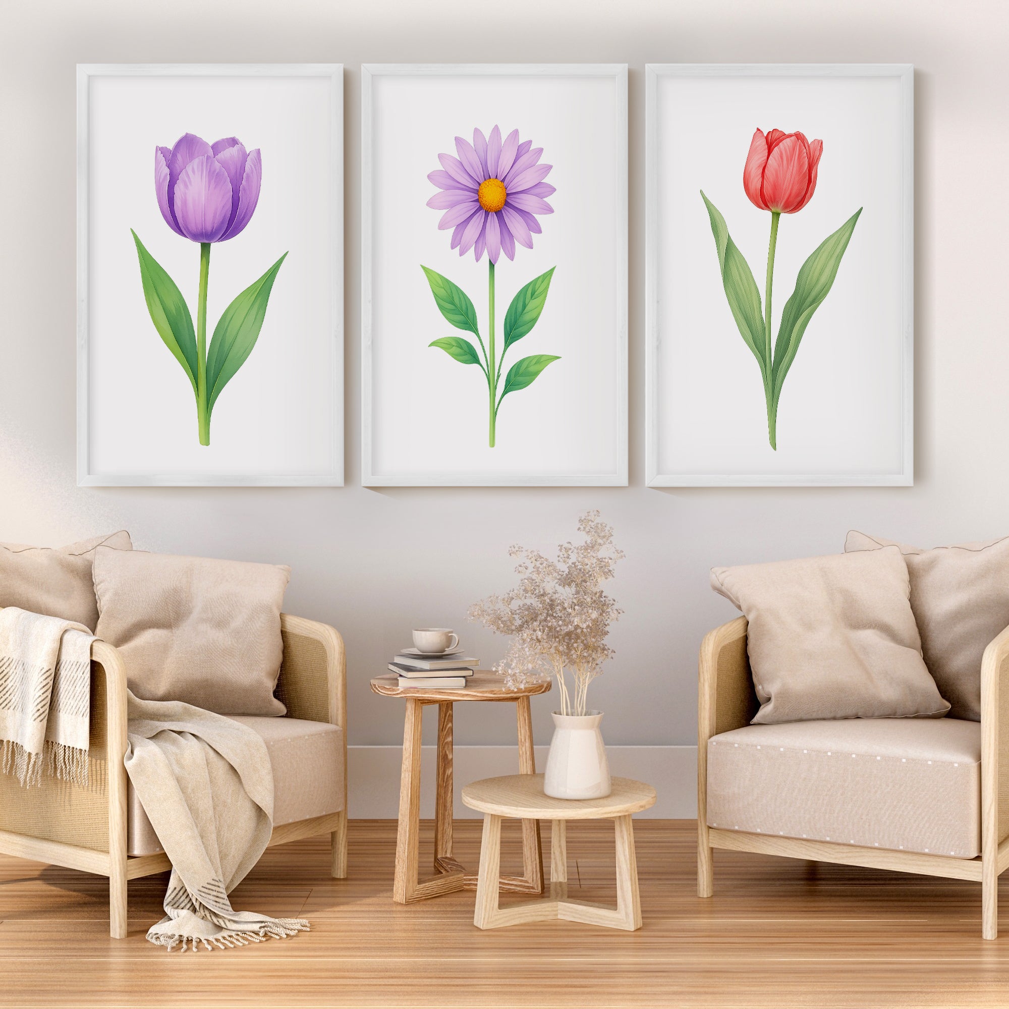 Floral Prints – Purple Tulip, Daisy and Red Tulip Botanical Prints Framed Set of 3

 - White Framed Poster No Border - Artworksets