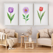 Floral Prints – Purple Tulip, Daisy and Red Tulip Botanical Prints Framed Set of 3

 - White Framed Poster No Border - Artworksets