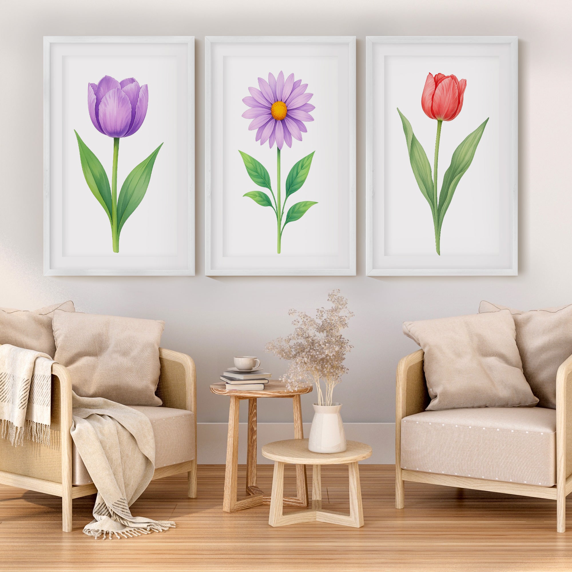 Floral Prints – Purple Tulip, Daisy and Red Tulip Botanical Prints Framed Set of 3

 - White Framed Poster with White Border - Artworksets