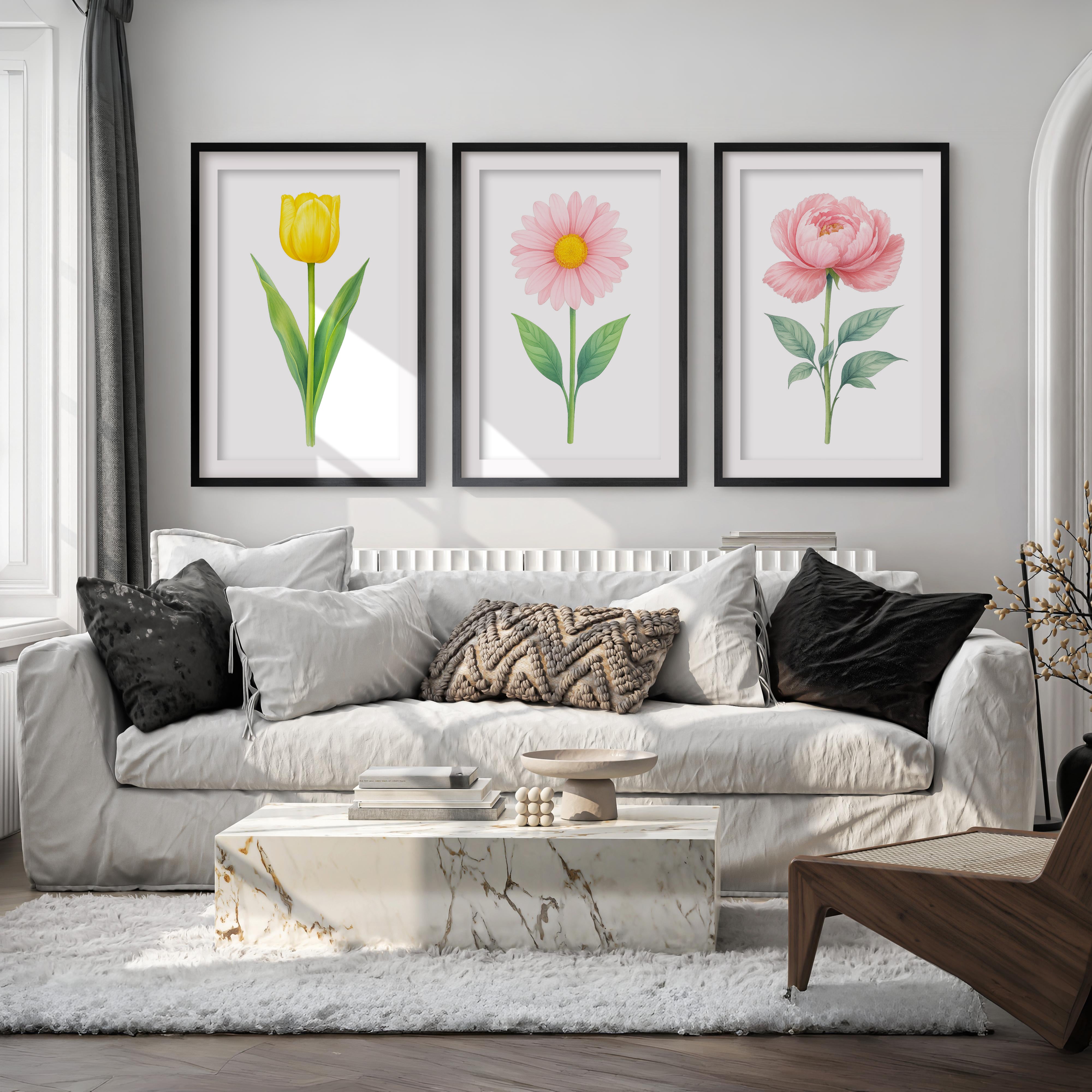 Floral Prints – Tulip, Daisy and Peony Pastel Botanical Wall Art Set of 3
 - Black Framed Poster with White Border - Artworksets
